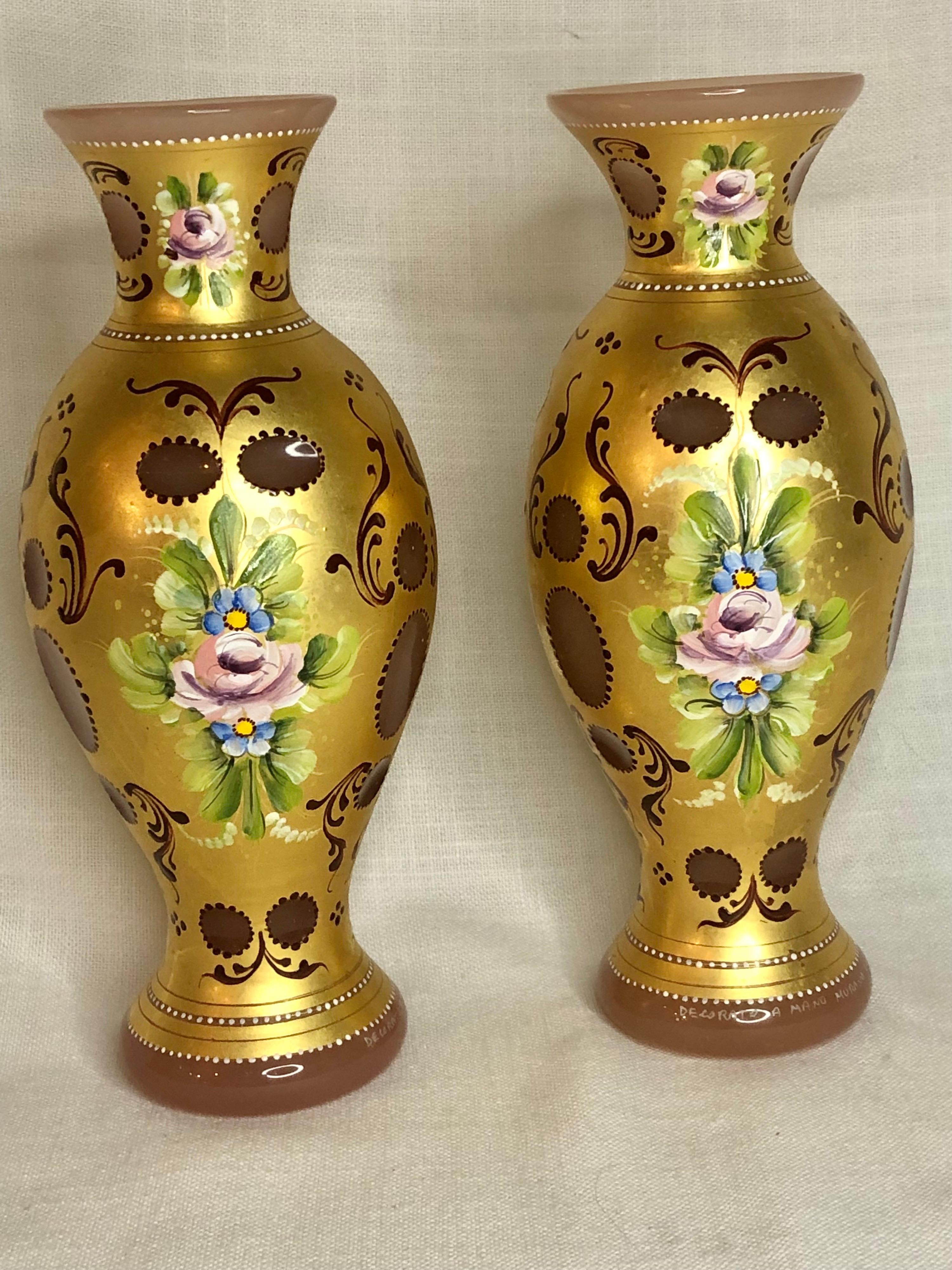 Pair of Murano Vases Cut Overlay Decorated with 24 Karat Gold and Pink Roses In Good Condition For Sale In Boston, MA