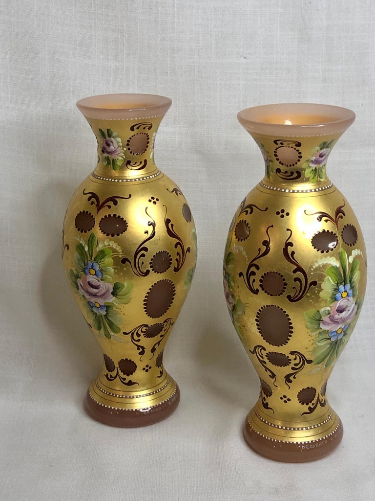 Glass Pair of Murano Vases Cut Overlay Decorated with 24 Karat Gold and Pink Roses For Sale
