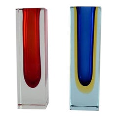 Pair of Murano Vases in Clear, Red and Blue Mouth Blown Art Glass