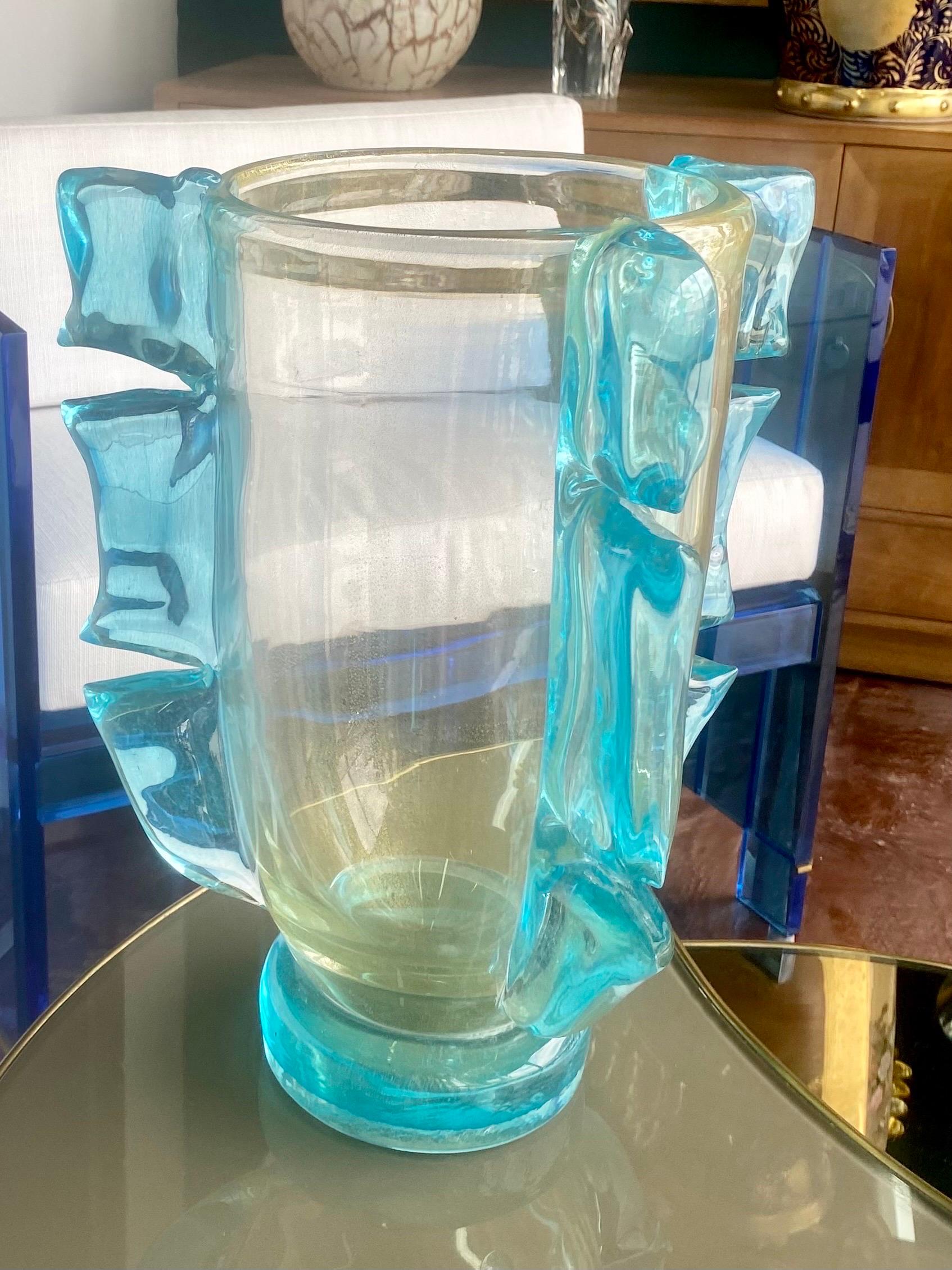 Hand-Crafted Pair of Murano Vases with Gold Inclusion and Aqua Wings For Sale