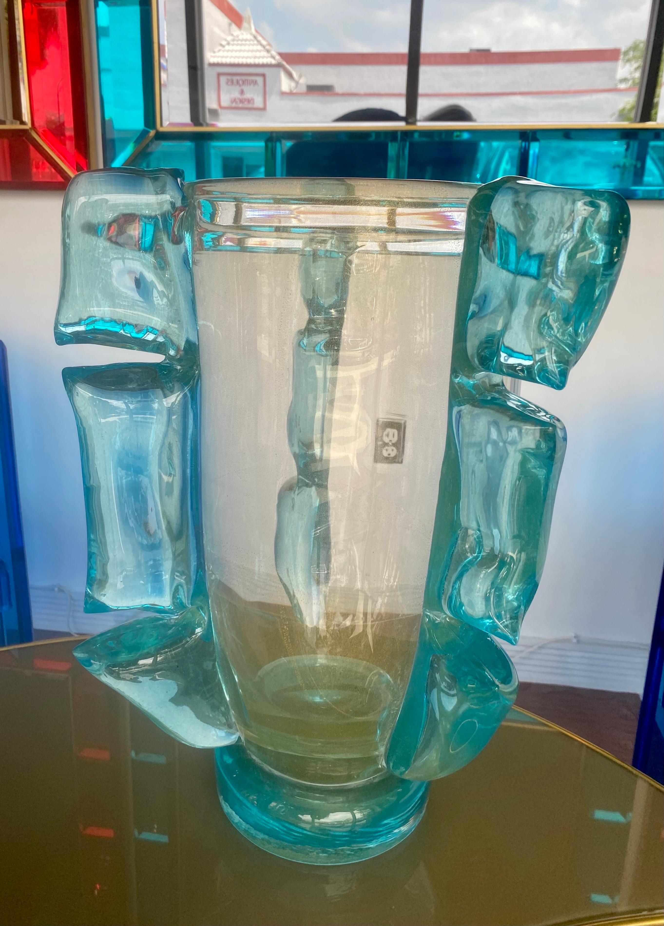 Pair of Murano Vases with Gold Inclusion and Aqua Wings In Good Condition For Sale In Miami, FL