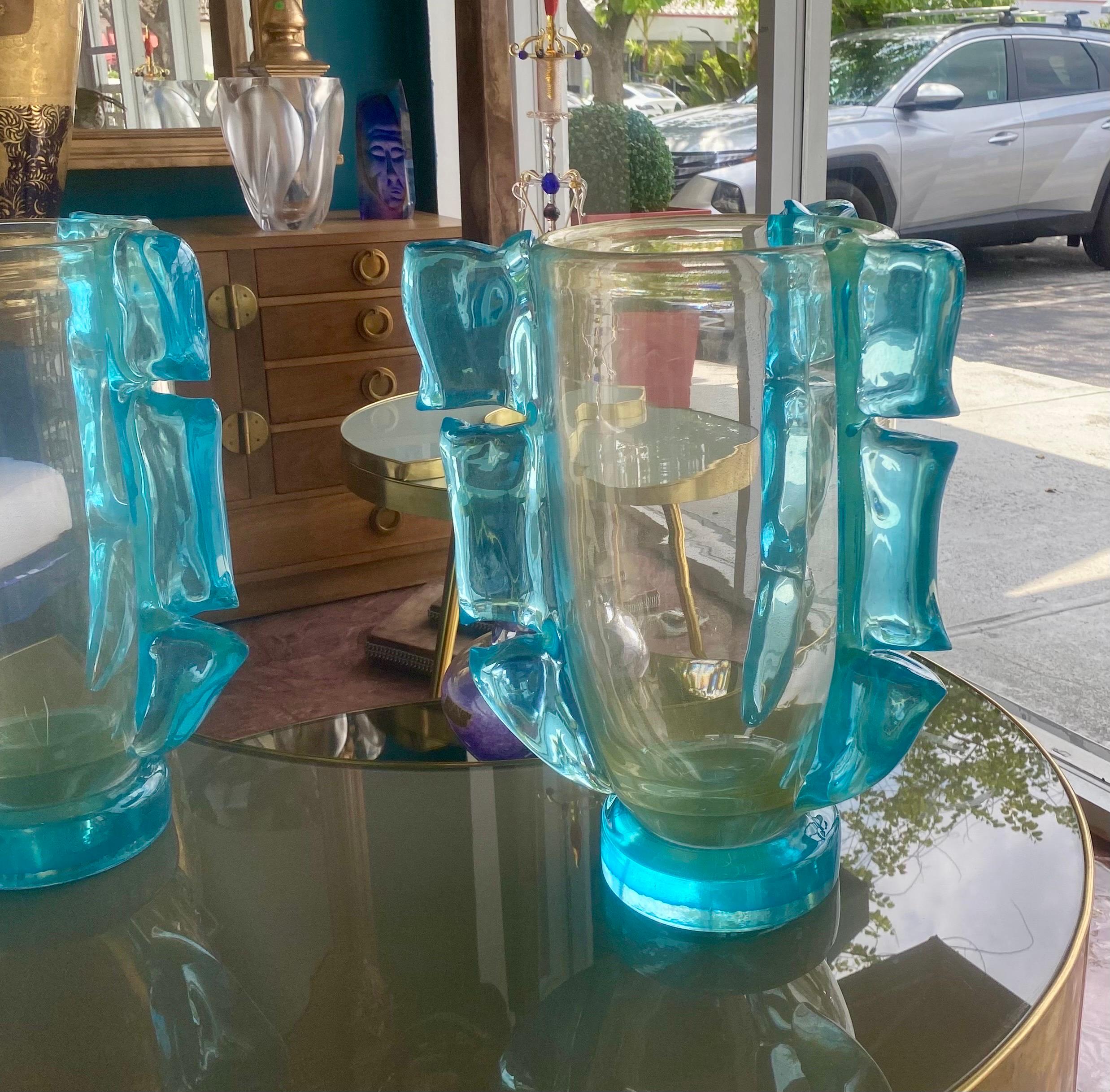 20th Century Pair of Murano Vases with Gold Inclusion and Aqua Wings For Sale