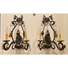 Coppia di applique in vetro veneziano e ferro battuto di Murano