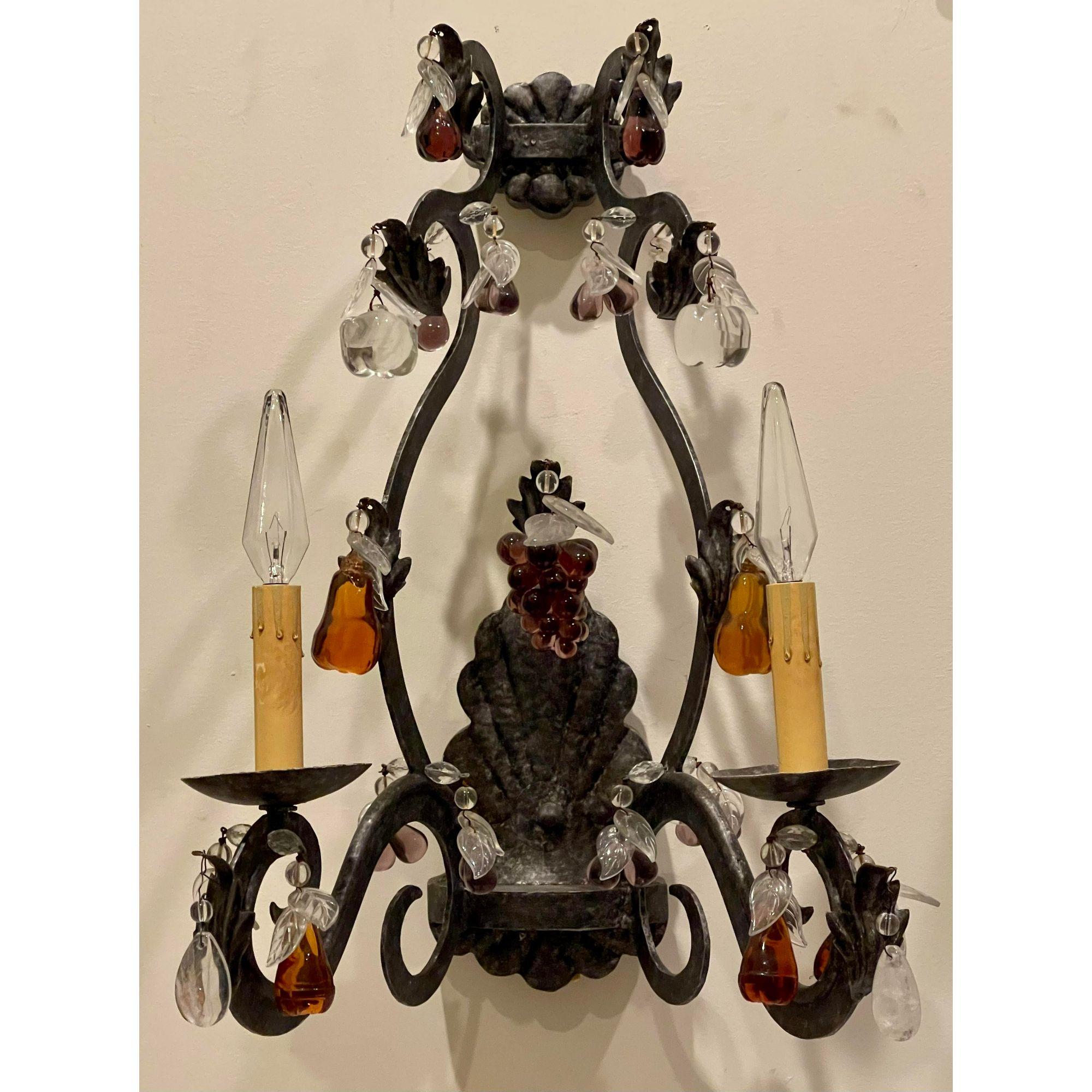 20th Century Pair of Murano Venetian Glass and Wrought Iron Wall Light Sconce For Sale