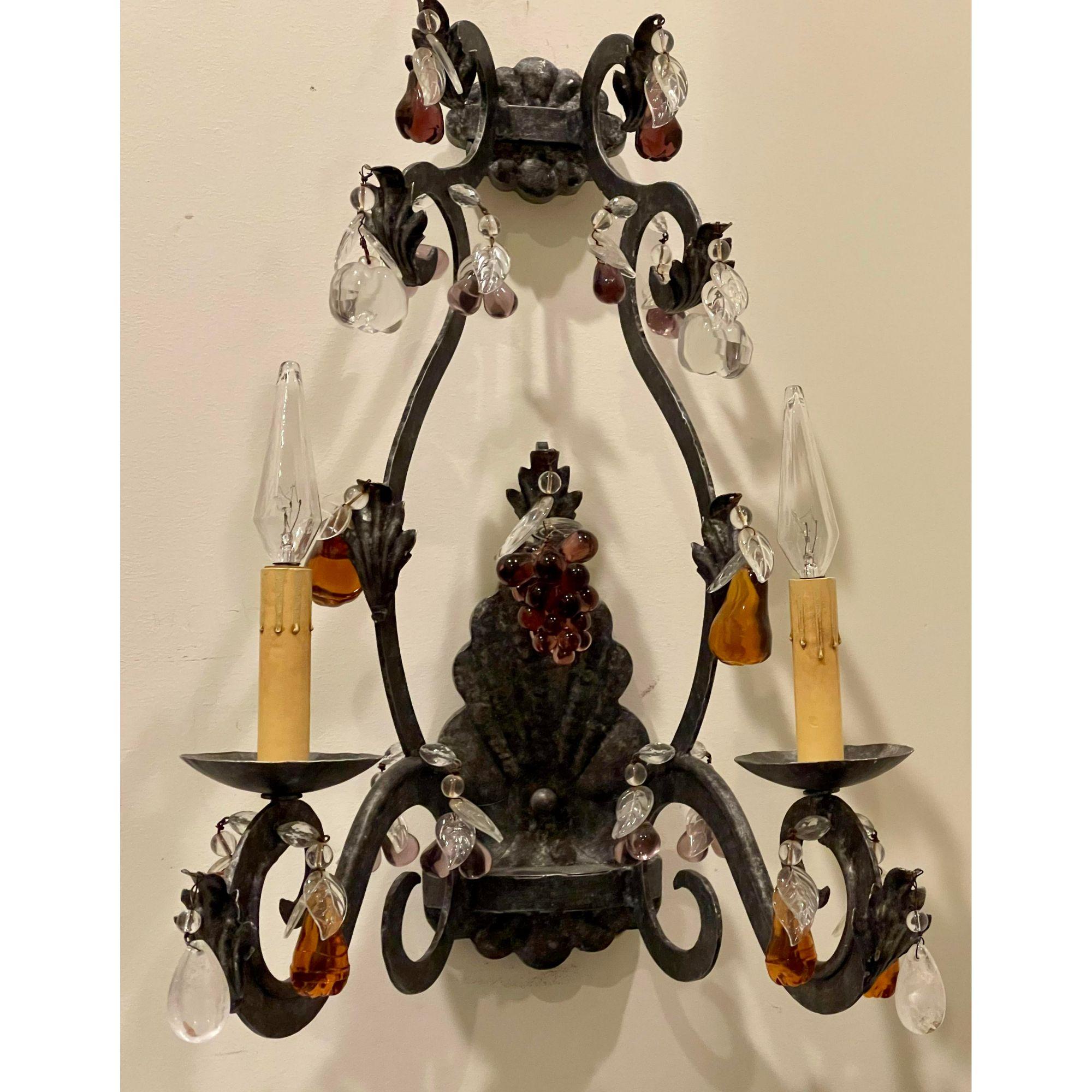 Pair of Murano Venetian Glass and Wrought Iron Wall Light Sconce For Sale 2
