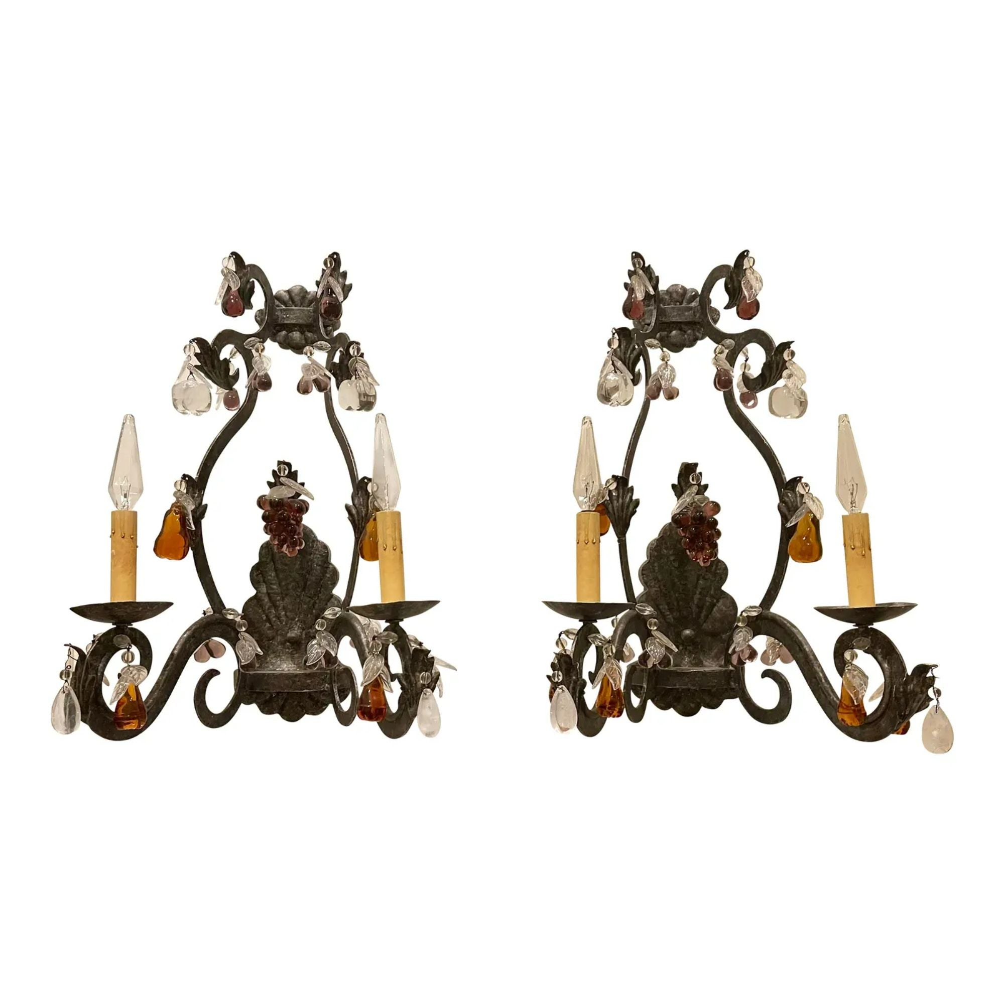 Pair of Murano Venetian Glass and Wrought Iron Wall Light Sconce For Sale