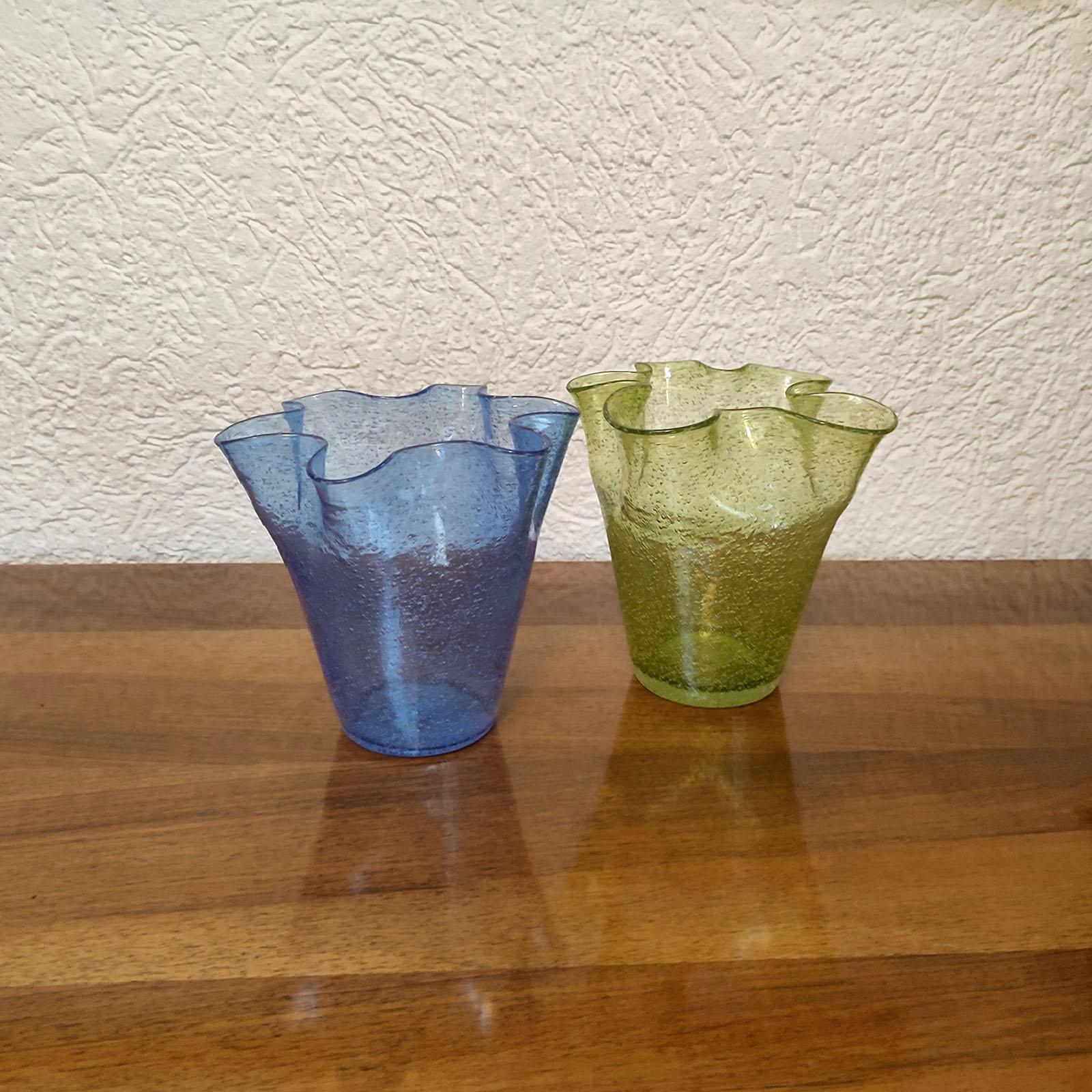 Italian Pair of Murano Vintage Glass Vases Cartoccio a Bollicine For Sale