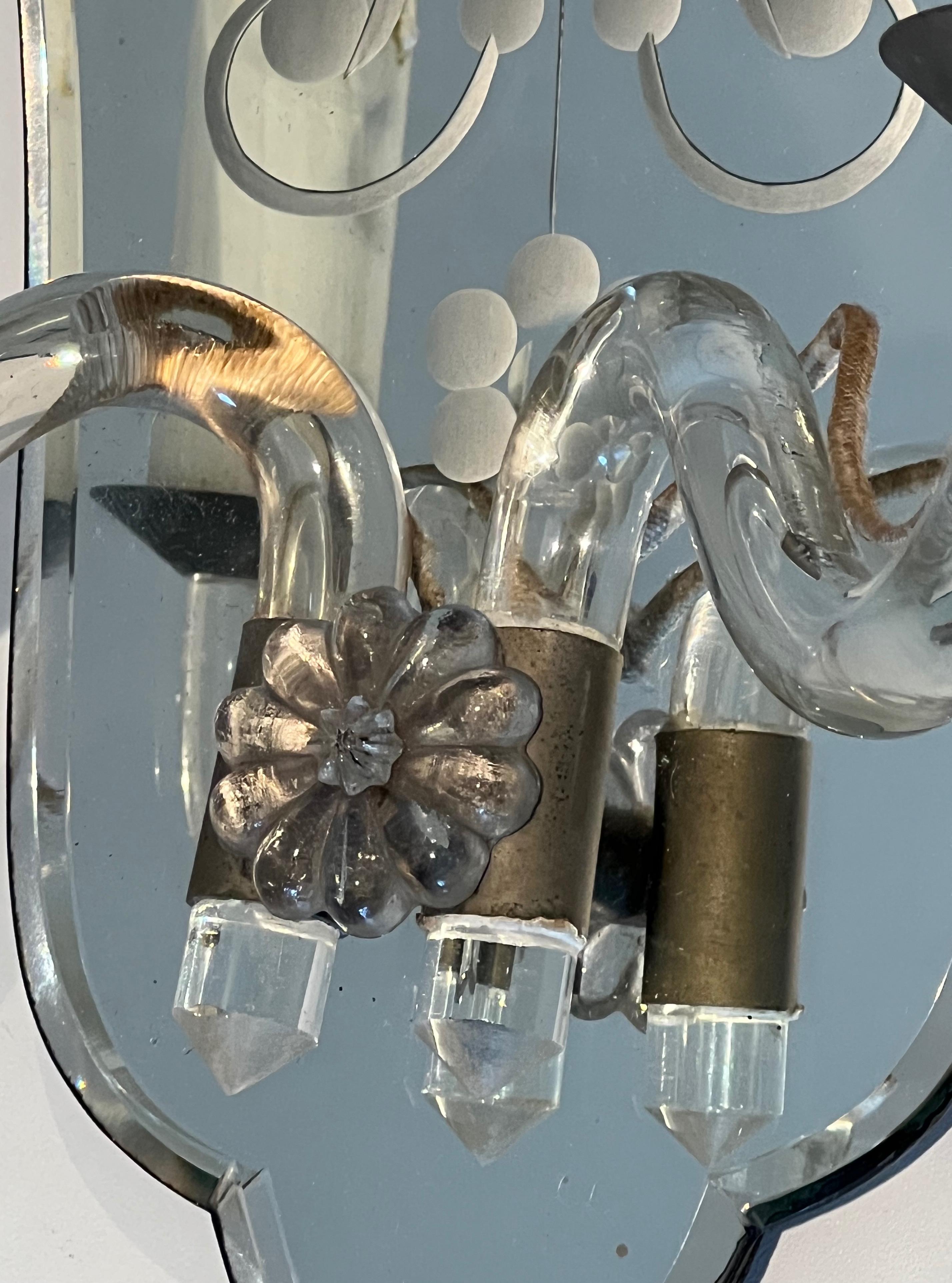 Coppia di lampade da parete di Murano in specchio inciso, cristallo e metallo argentato in vendita 10