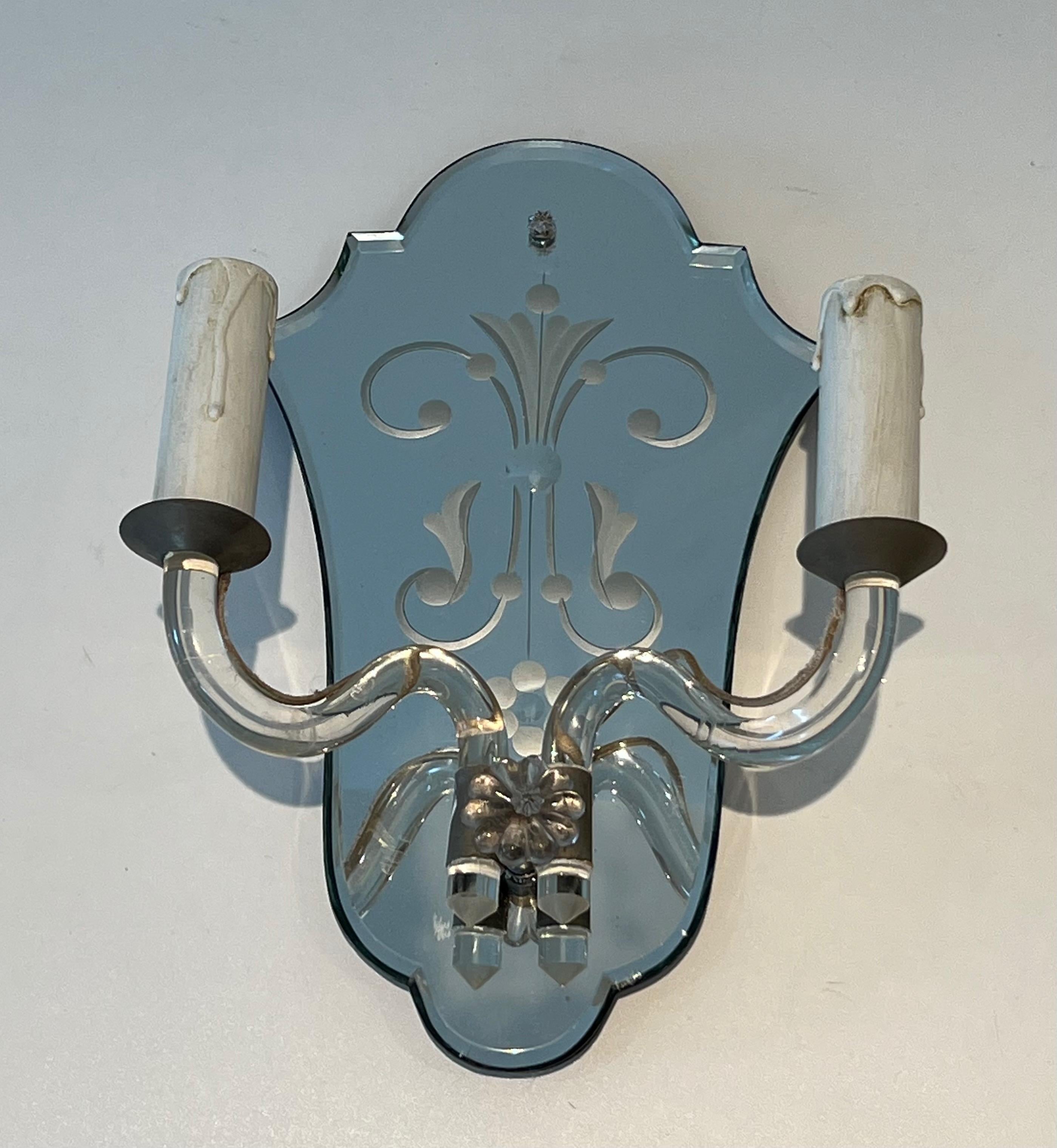 Coppia di lampade da parete di Murano in specchio inciso, cristallo e metallo argentato in vendita 11