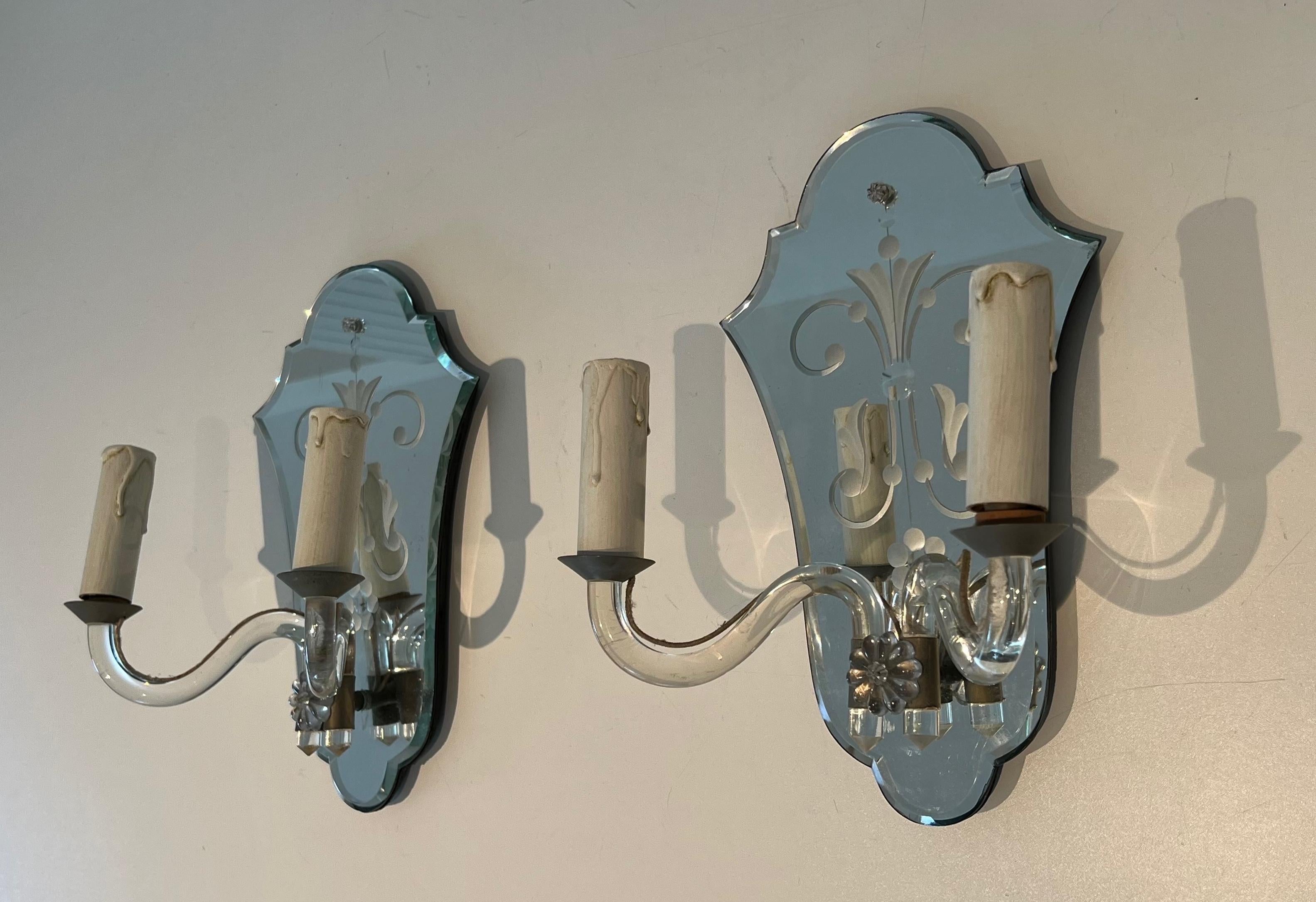 Coppia di lampade da parete di Murano in specchio inciso, cristallo e metallo argentato in vendita 12