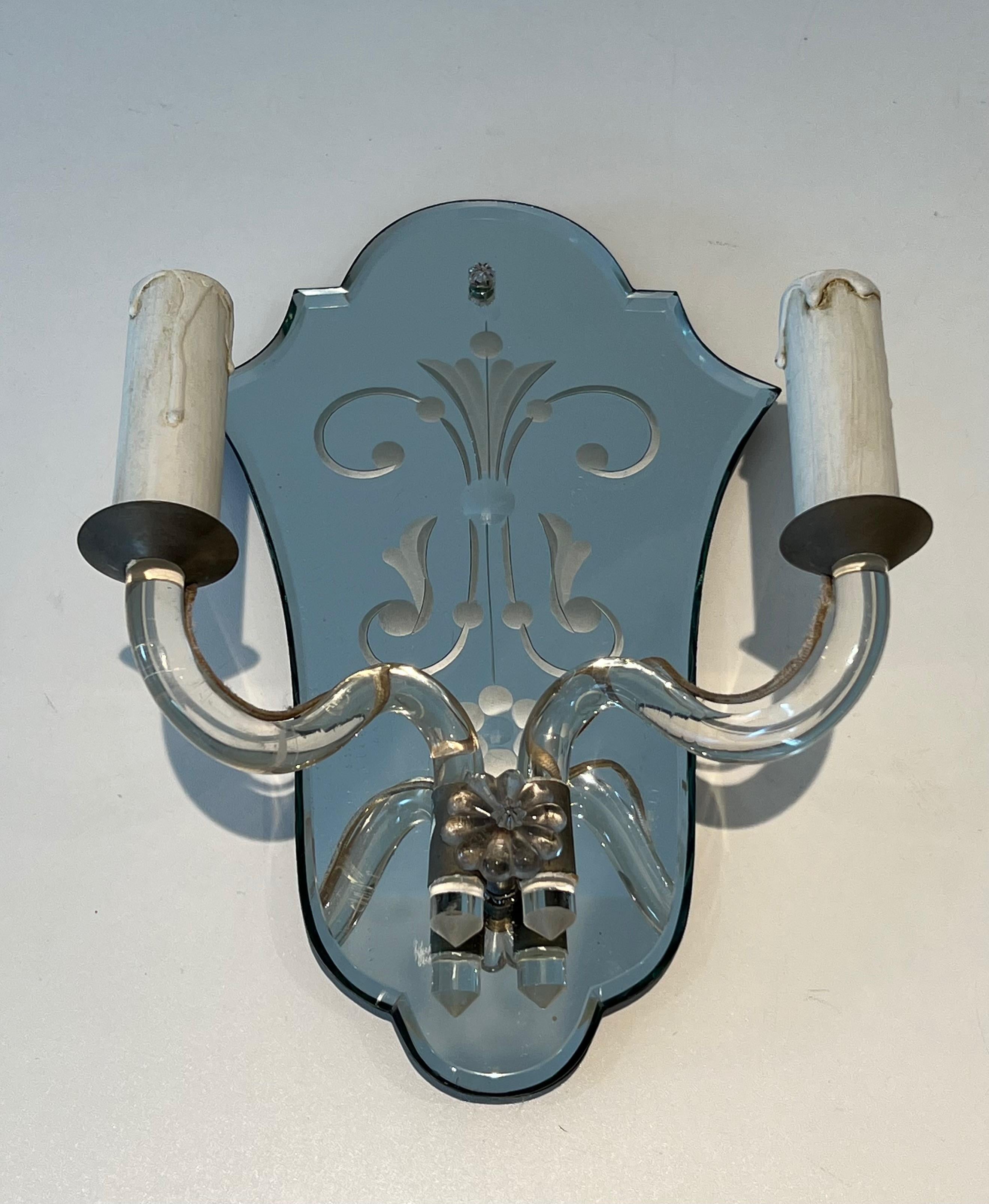 Coppia di lampade da parete di Murano in specchio inciso, cristallo e metallo argentato In condizioni buone in vendita a Marcq-en-Barœul, Hauts-de-France