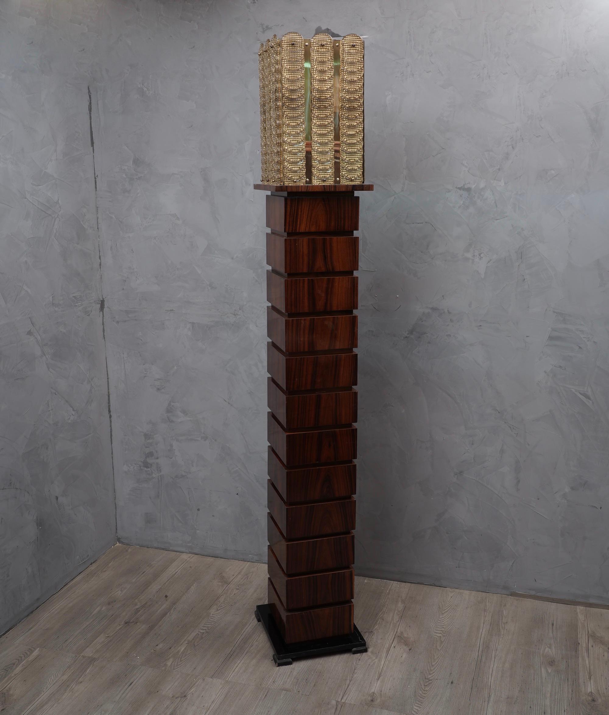 Late 20th Century Pair of Murano Walnut Brass and Art Glass Midcentury Floor Lamps, 1980