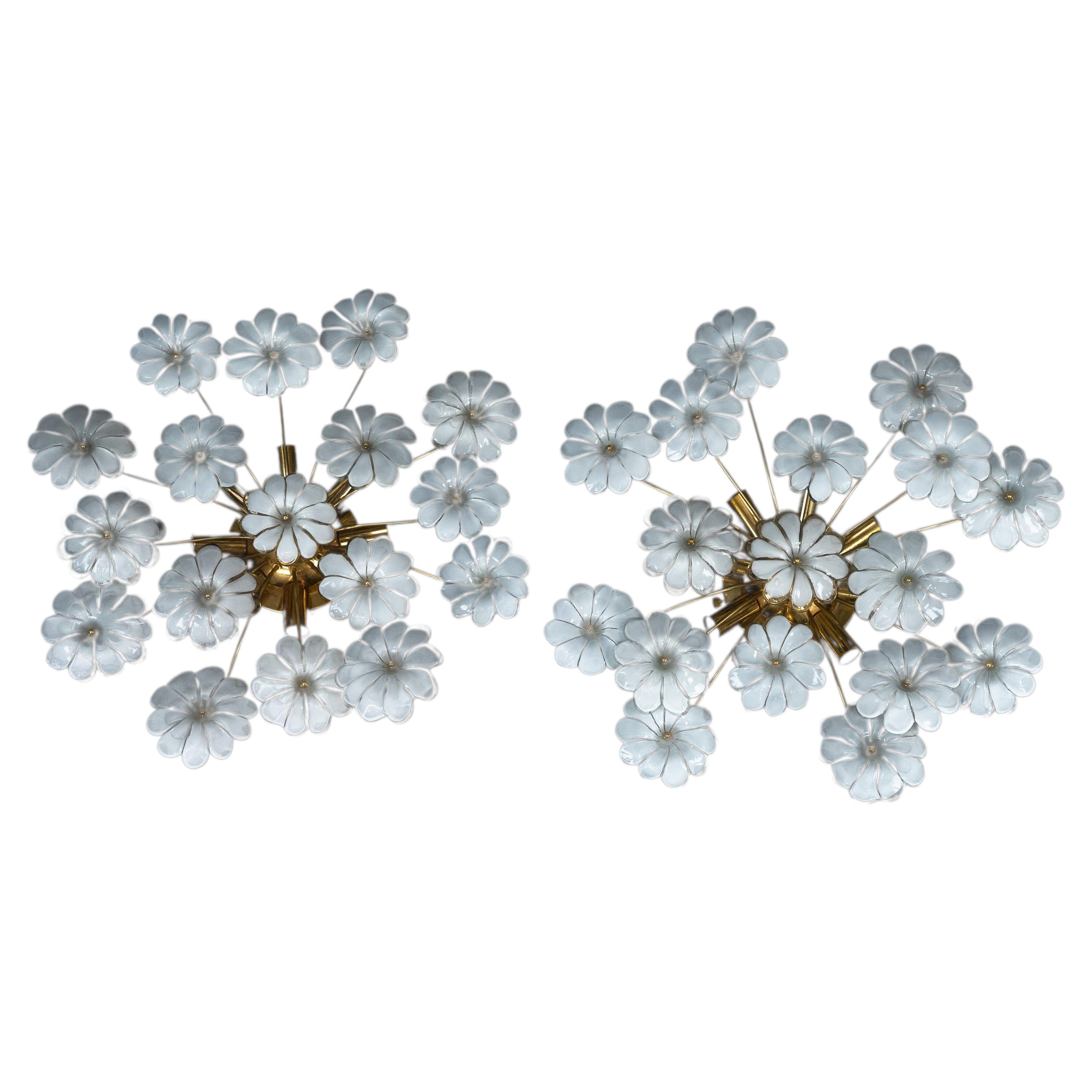 Pair of Murano white flower ceiling lamps. Italy 1980s