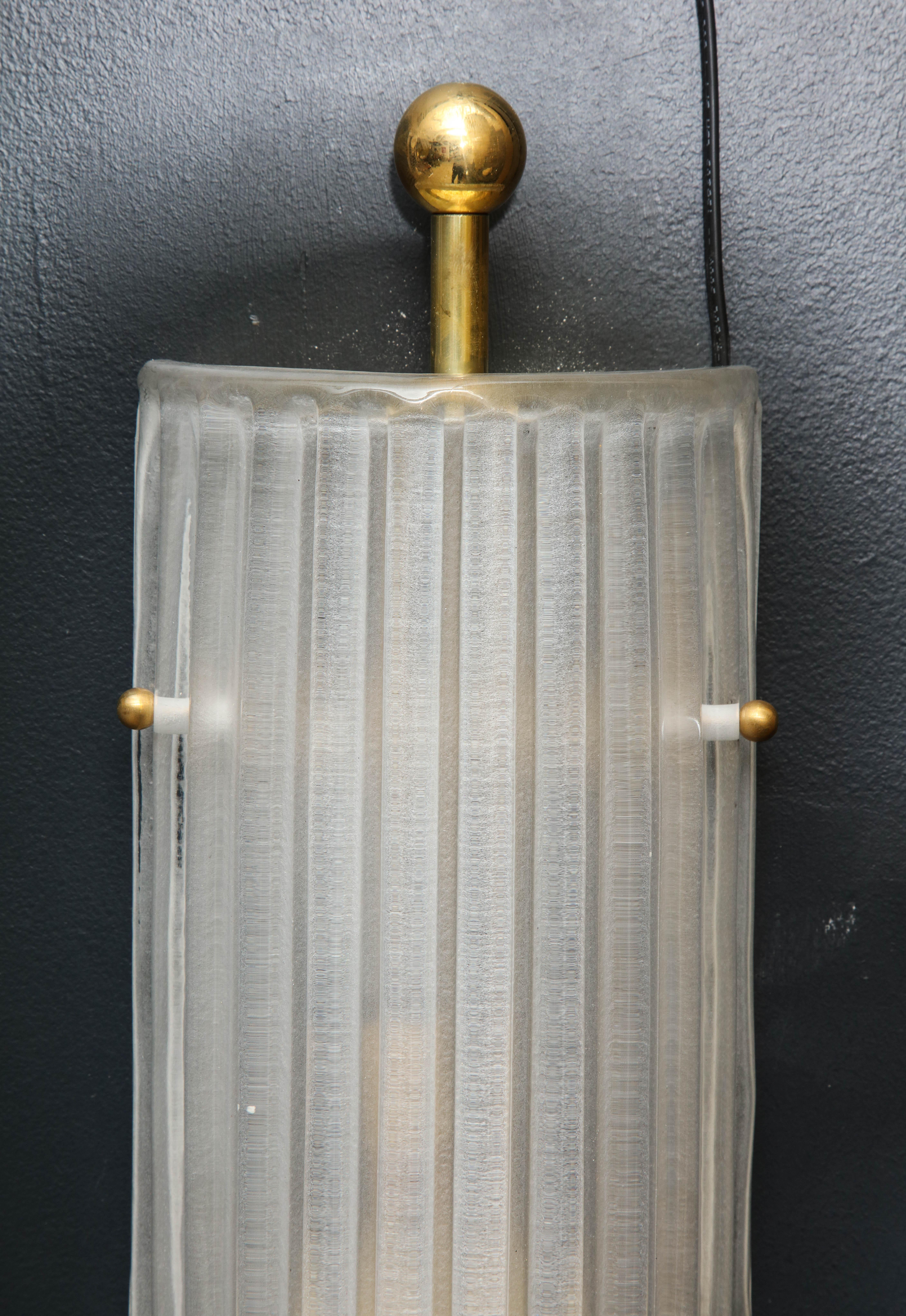 Pair of Murano White Ribbed Glass and Brass Finial Sconces 4