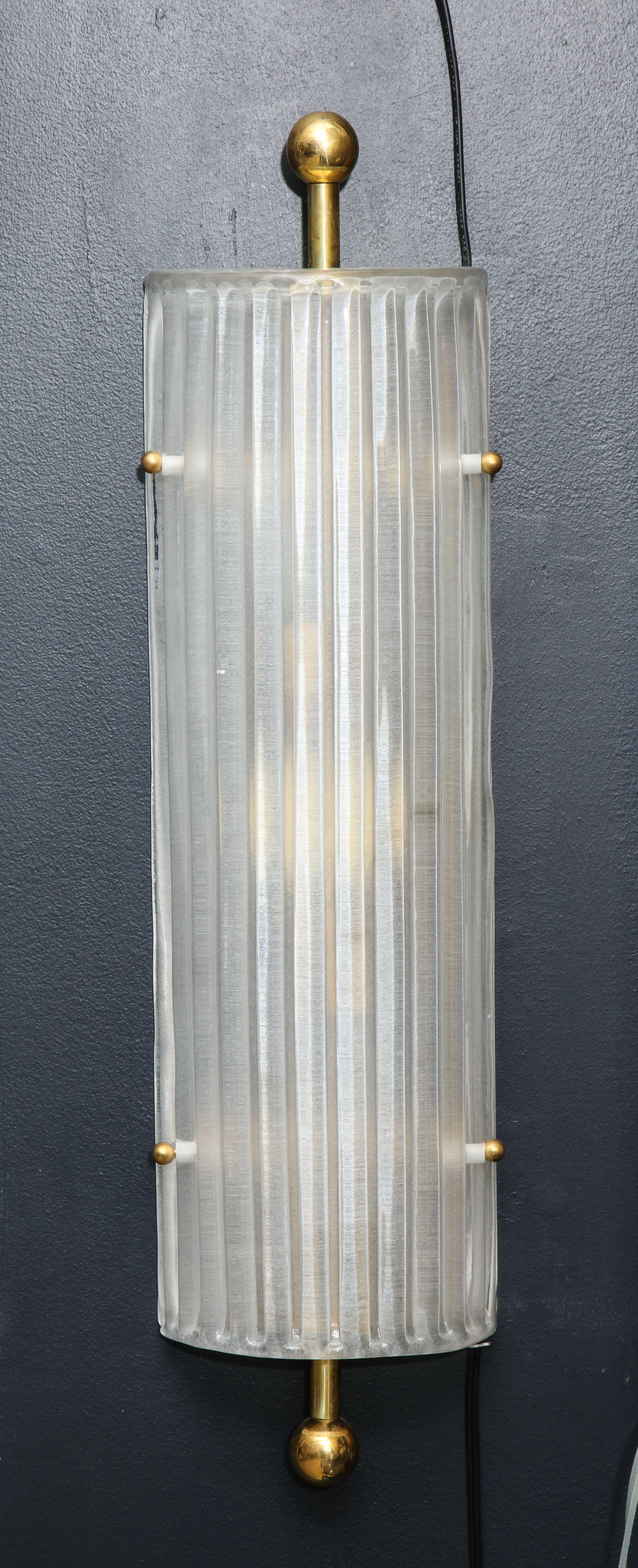 Pair of Murano White Ribbed Glass and Brass Finial Sconces 5