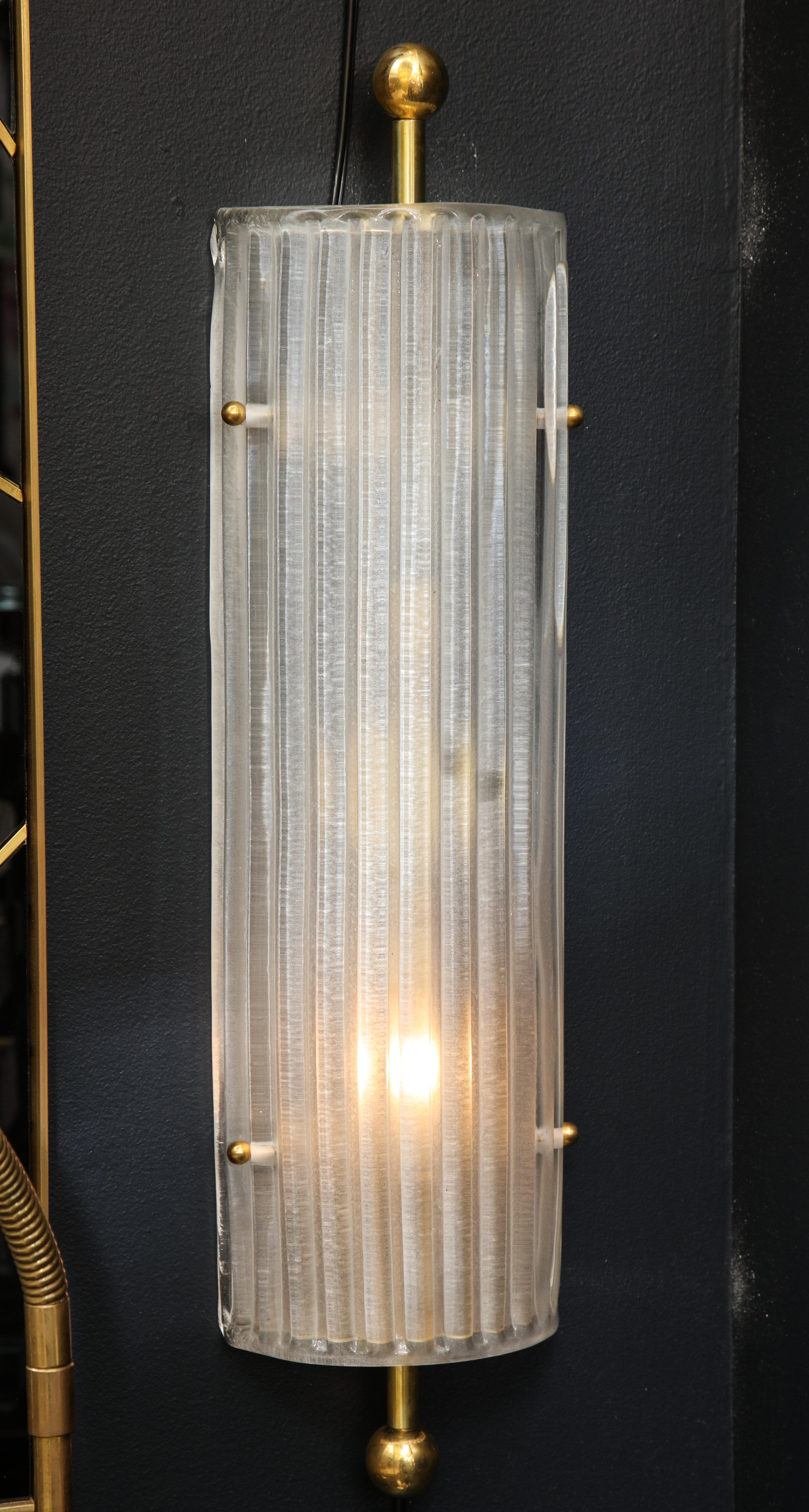 Italian Pair of Murano White Ribbed Glass and Brass Finial Sconces