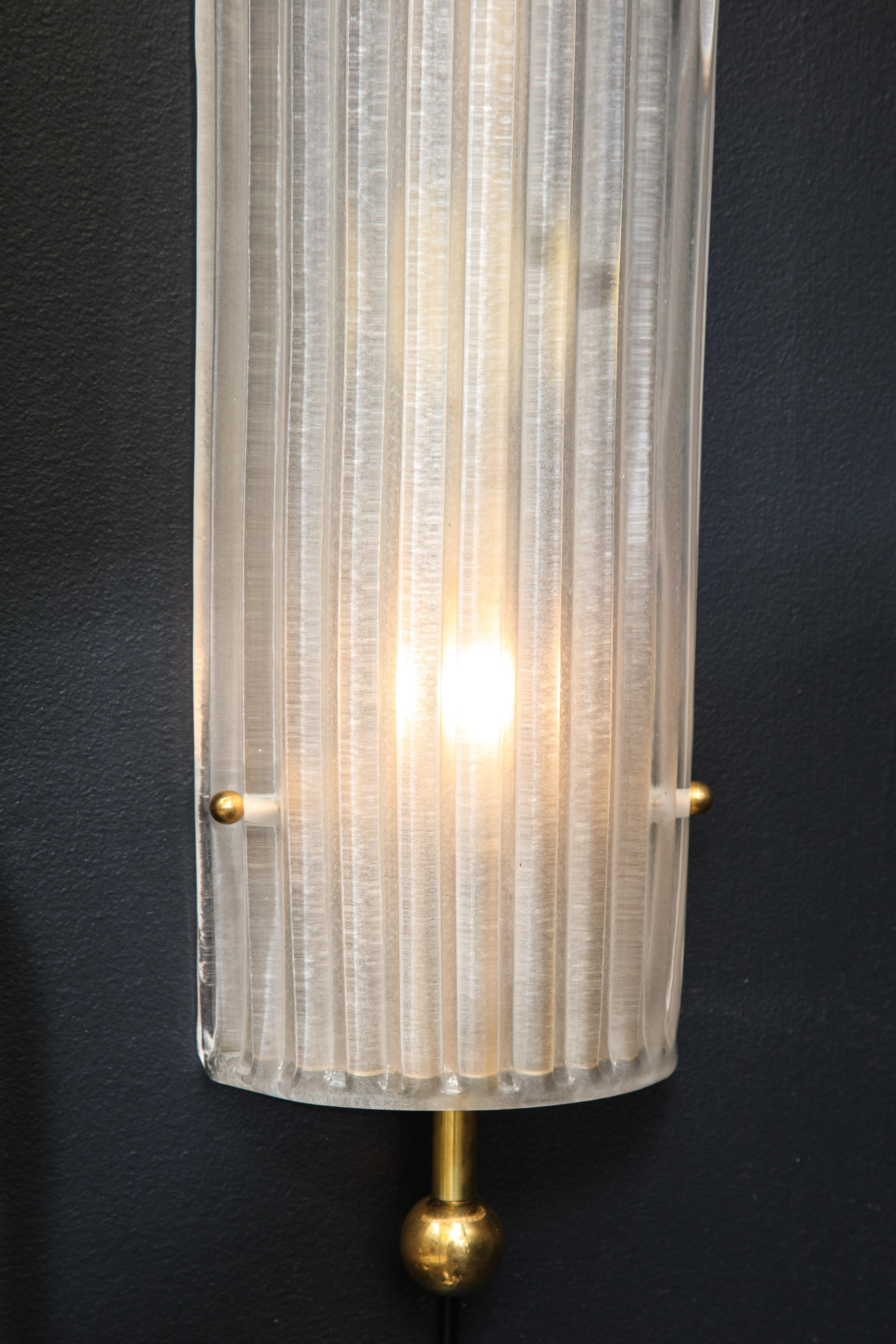 Hand-Crafted Pair of Murano White Ribbed Glass and Brass Finial Sconces