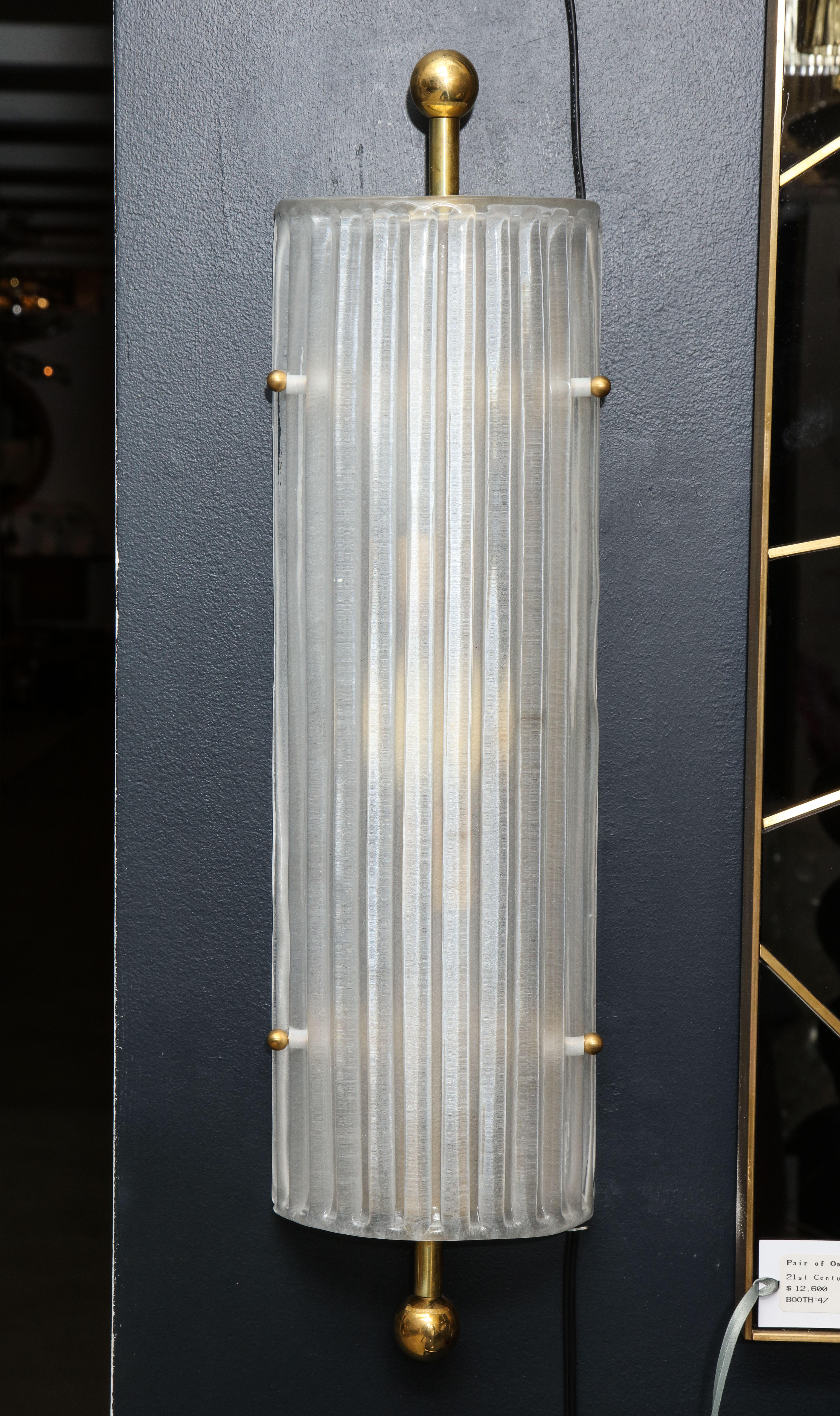 Late 20th Century Pair of Murano White Ribbed Glass and Brass Finial Sconces
