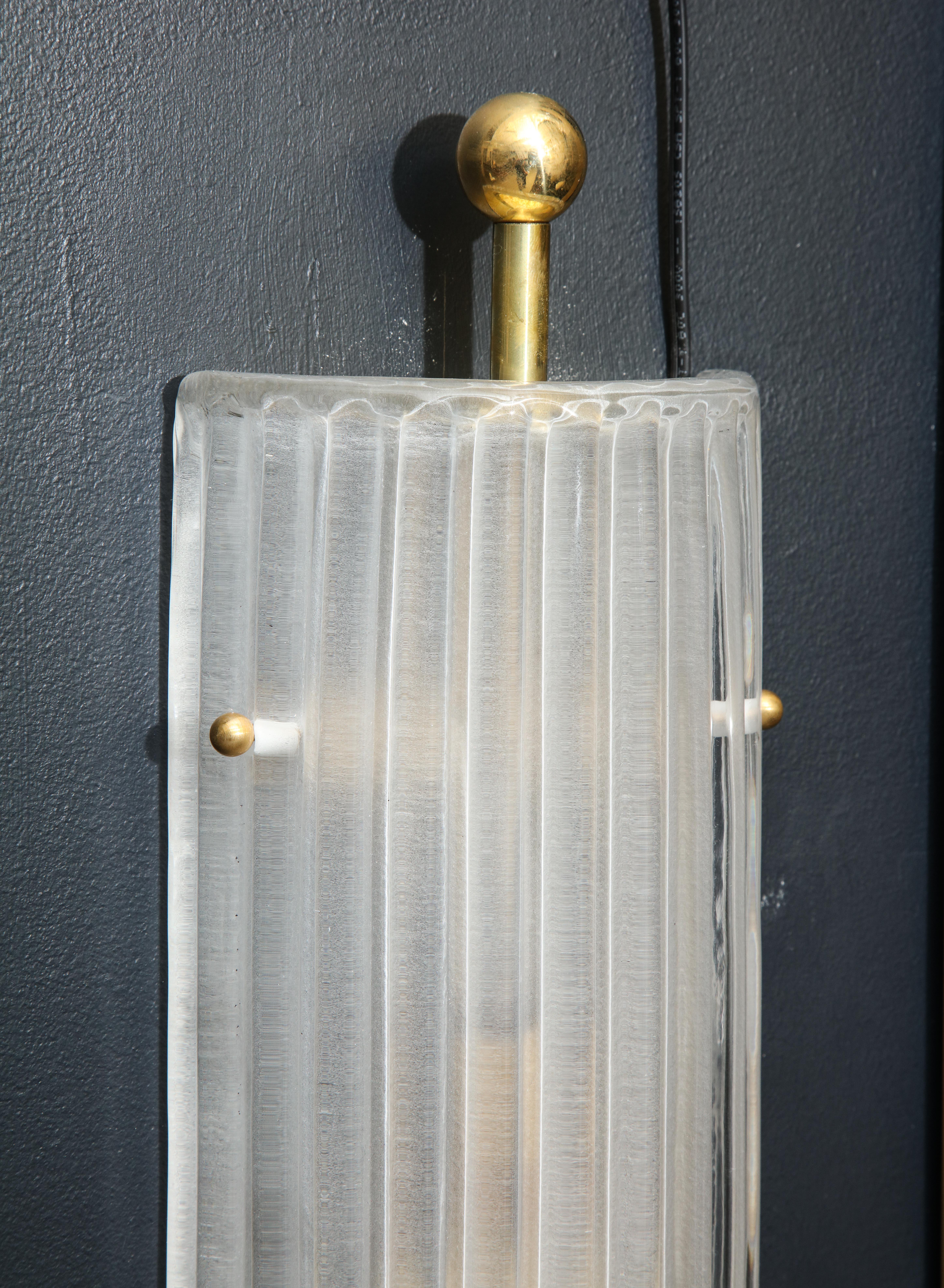Pair of Murano White Ribbed Glass and Brass Finial Sconces 2