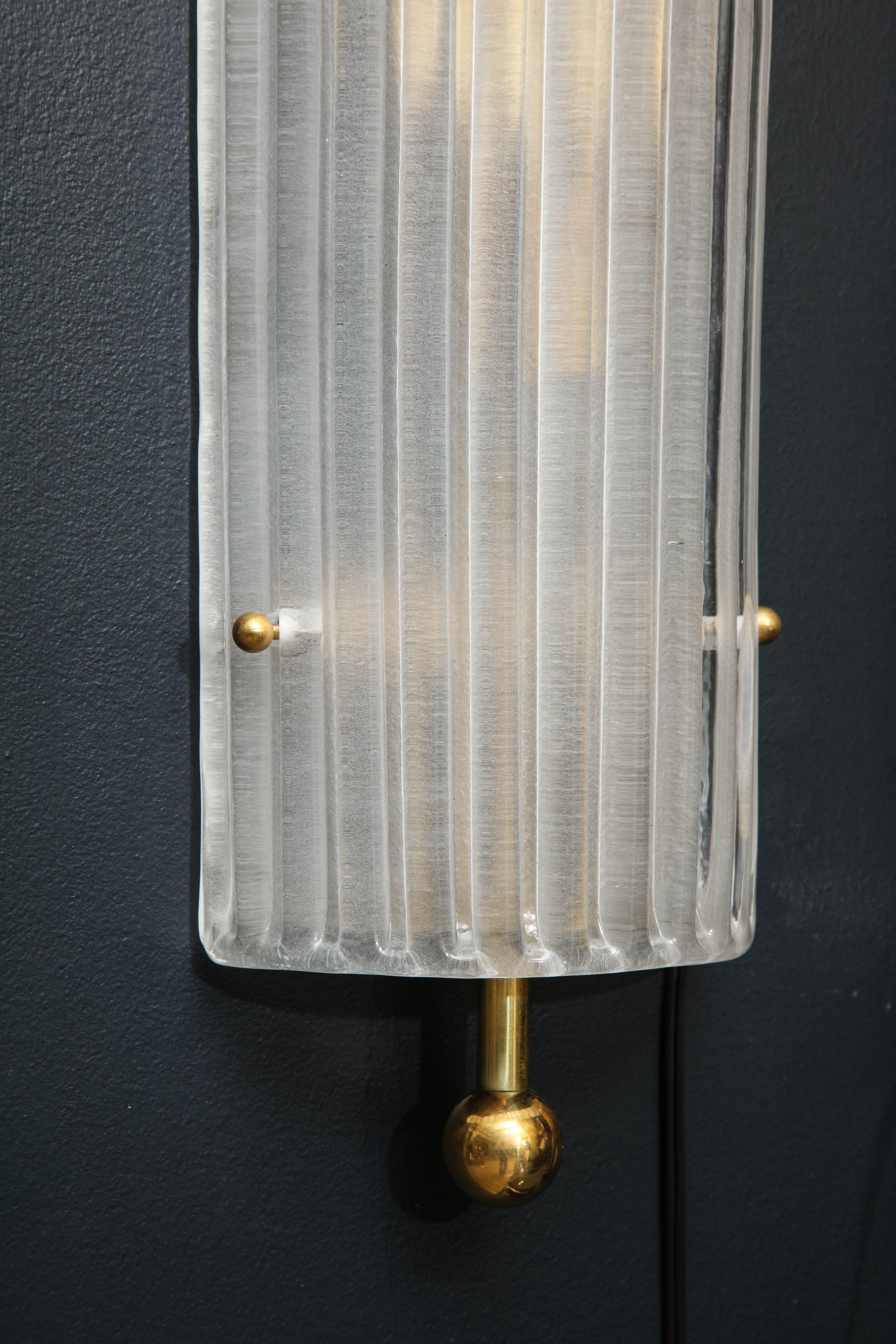Pair of Murano White Ribbed Glass and Brass Finial Sconces 3