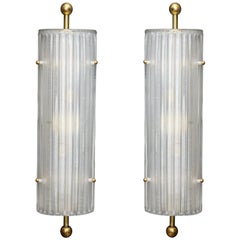 Pair of Murano White Ribbed Glass and Brass Finial Sconces
