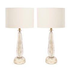 Pair of Murano Sommerso White Glass Lamps with Bullicante and Avventurina 1950s