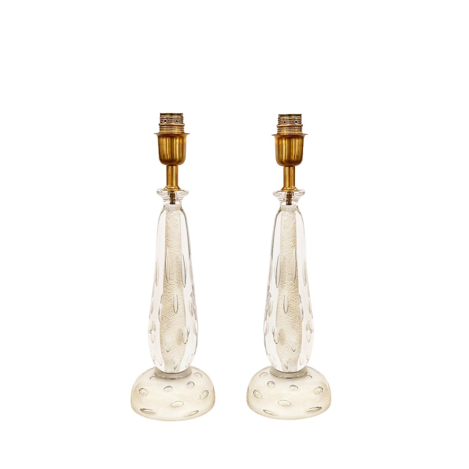Mid-Century Modern Pair of Murano Sommerso White Glass Lamps with Bullicante and Avventurina 1950s For Sale