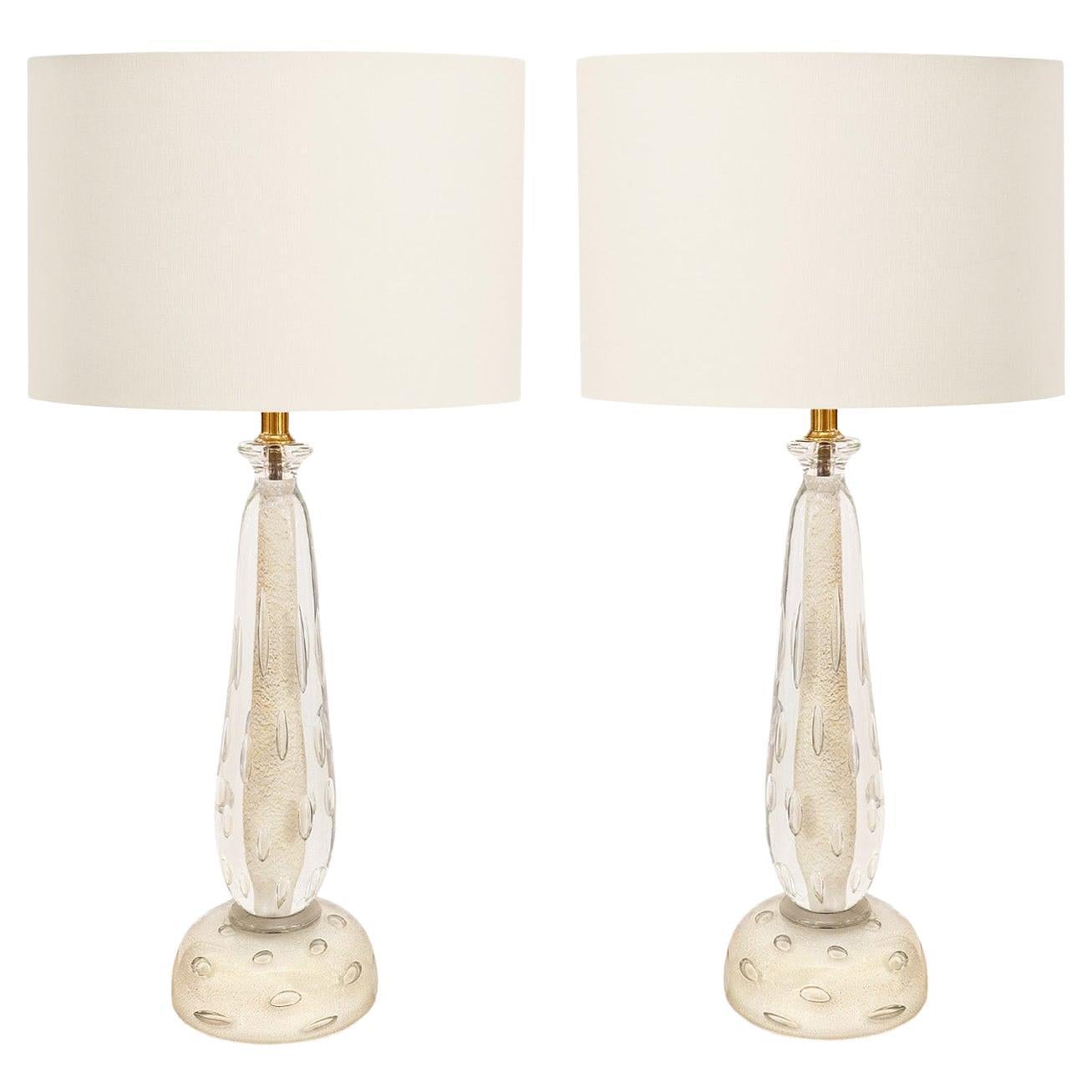 Pair of Murano Sommerso White Glass Lamps with Bullicante and Avventurina 1950s