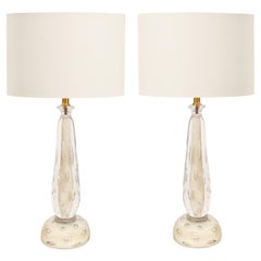Retro Pair of Murano Sommerso White Glass Lamps with Bullicante and Avventurina 1950s