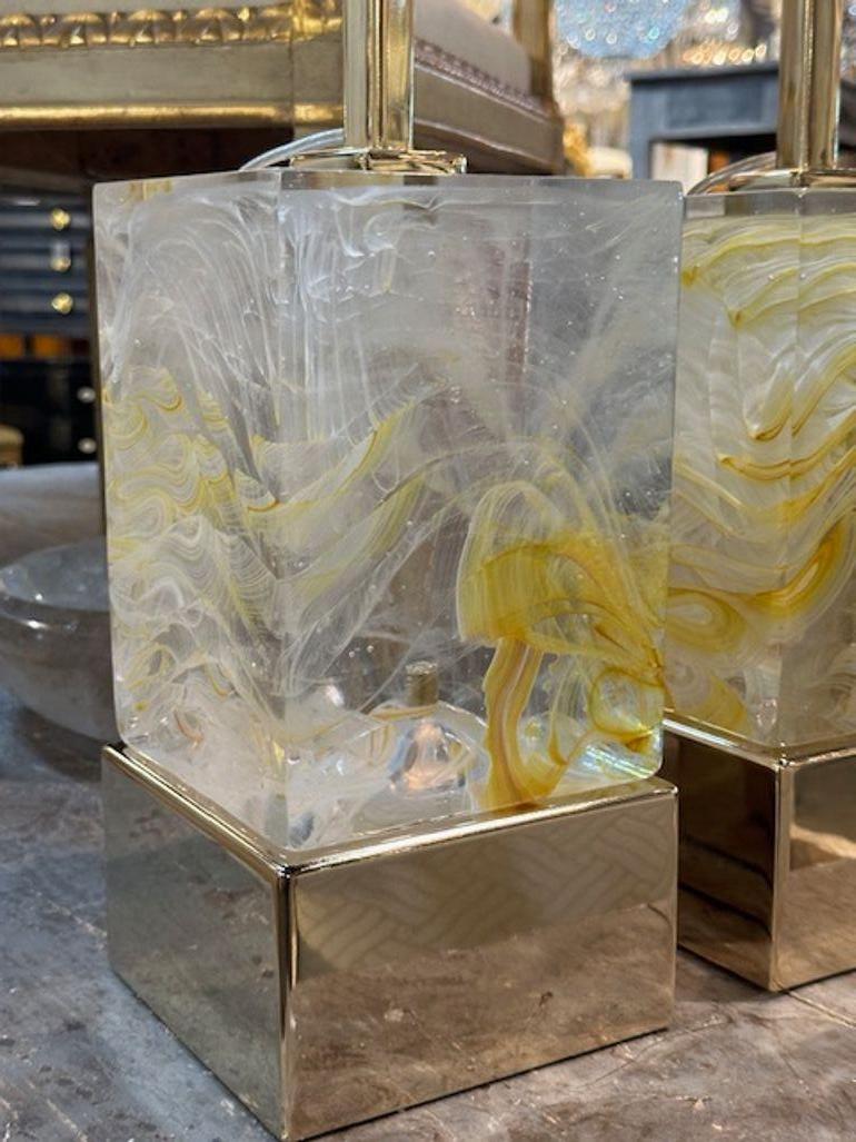 Pair of Murano Yellow Block Lamps In Good Condition For Sale In Dallas, TX