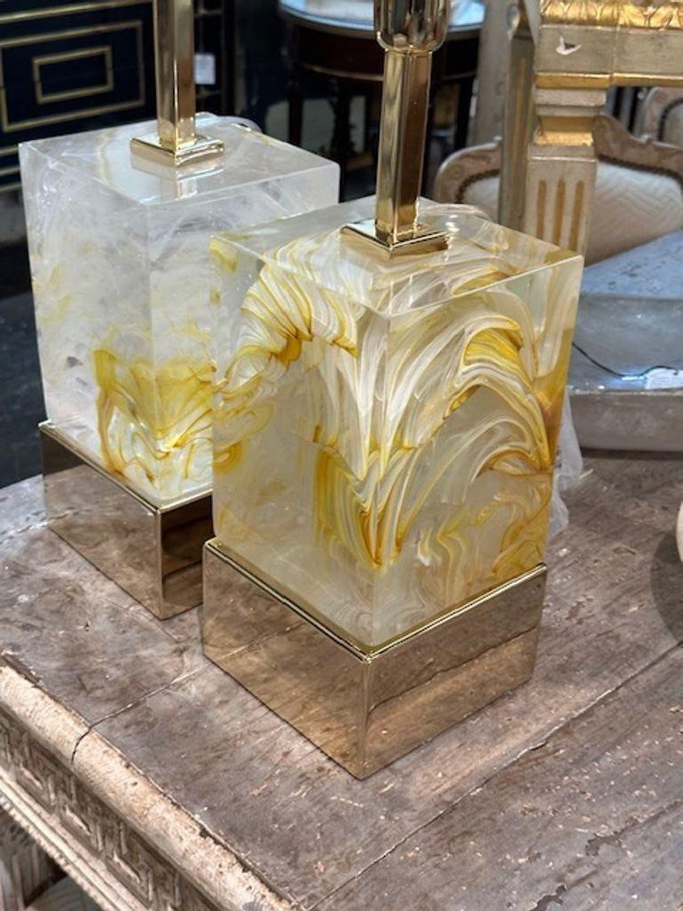 Brass Pair of Murano Yellow Block Lamps For Sale