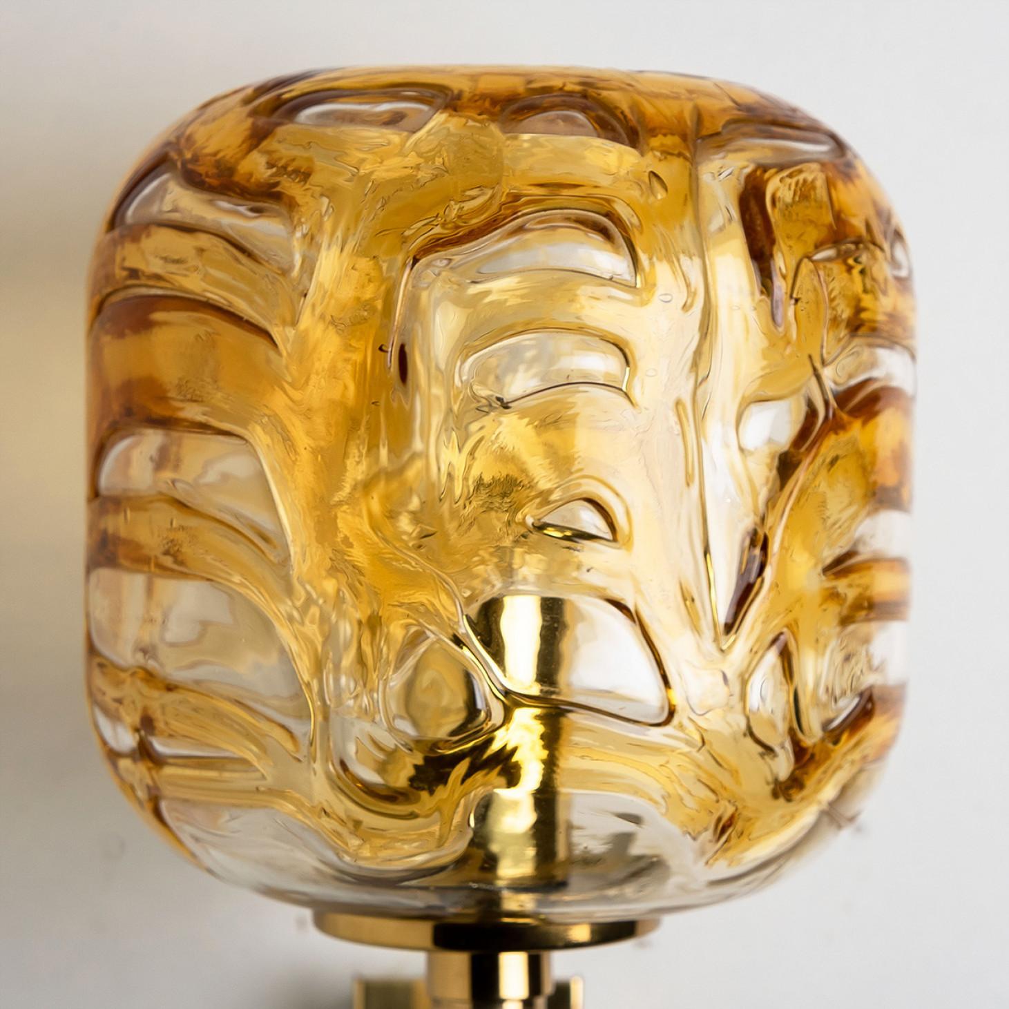 Mid-Century Modern Pair of Murano Yellow Glass and Brass Wall Lights by Doria Leuchten, 1960s For Sale