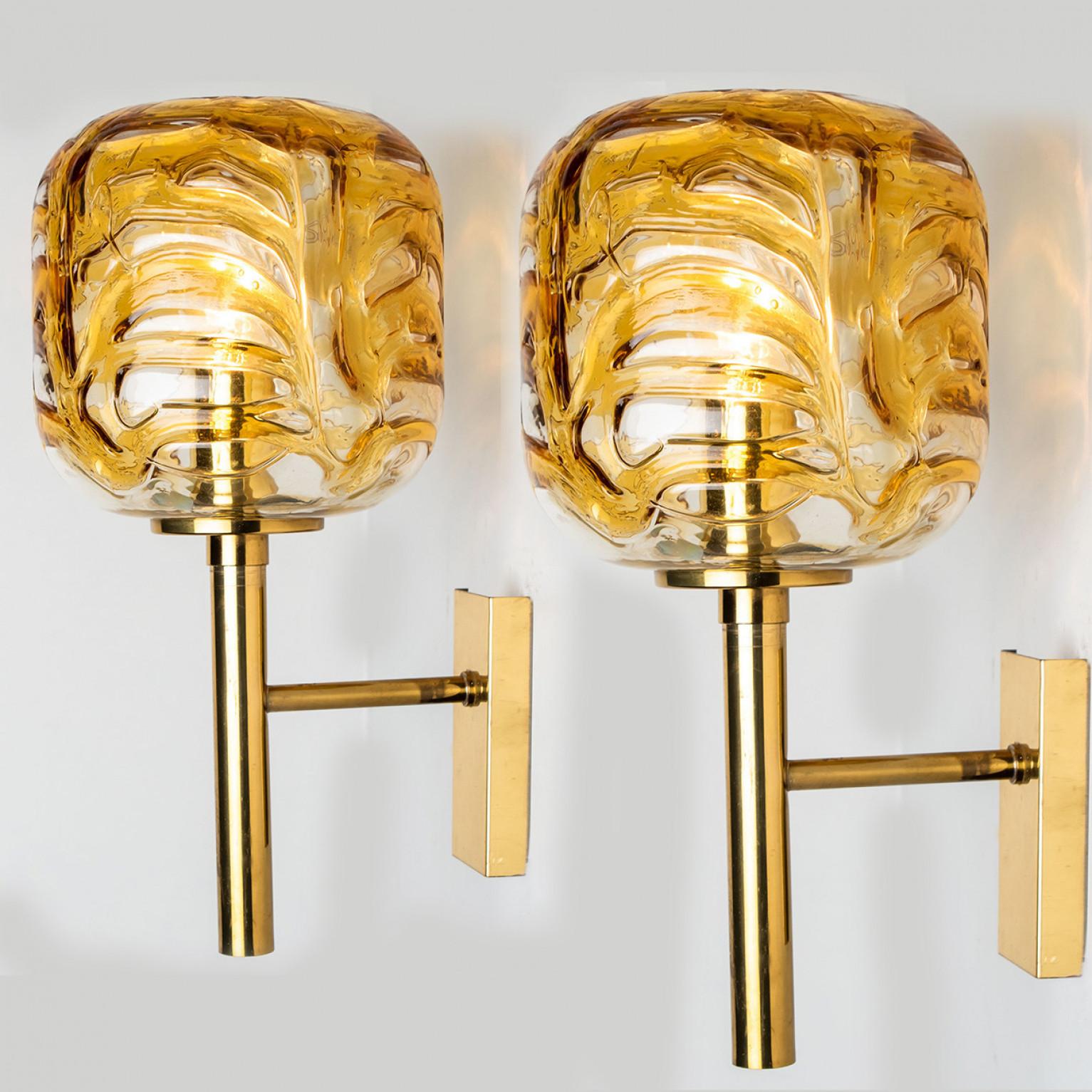 Mid-20th Century Pair of Murano Yellow Glass and Brass Wall Lights by Doria Leuchten, 1960s For Sale