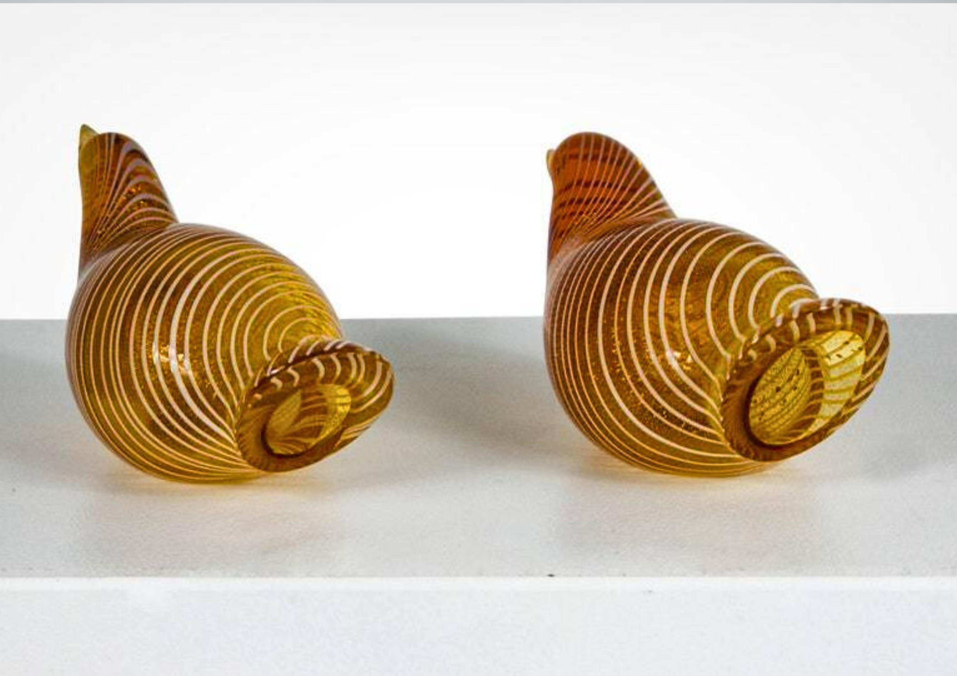 Mid-Century Modern Pair Of Murano Zamfirico Glass Quail Bird Sculptures Signed Licio Zanetti For Sale