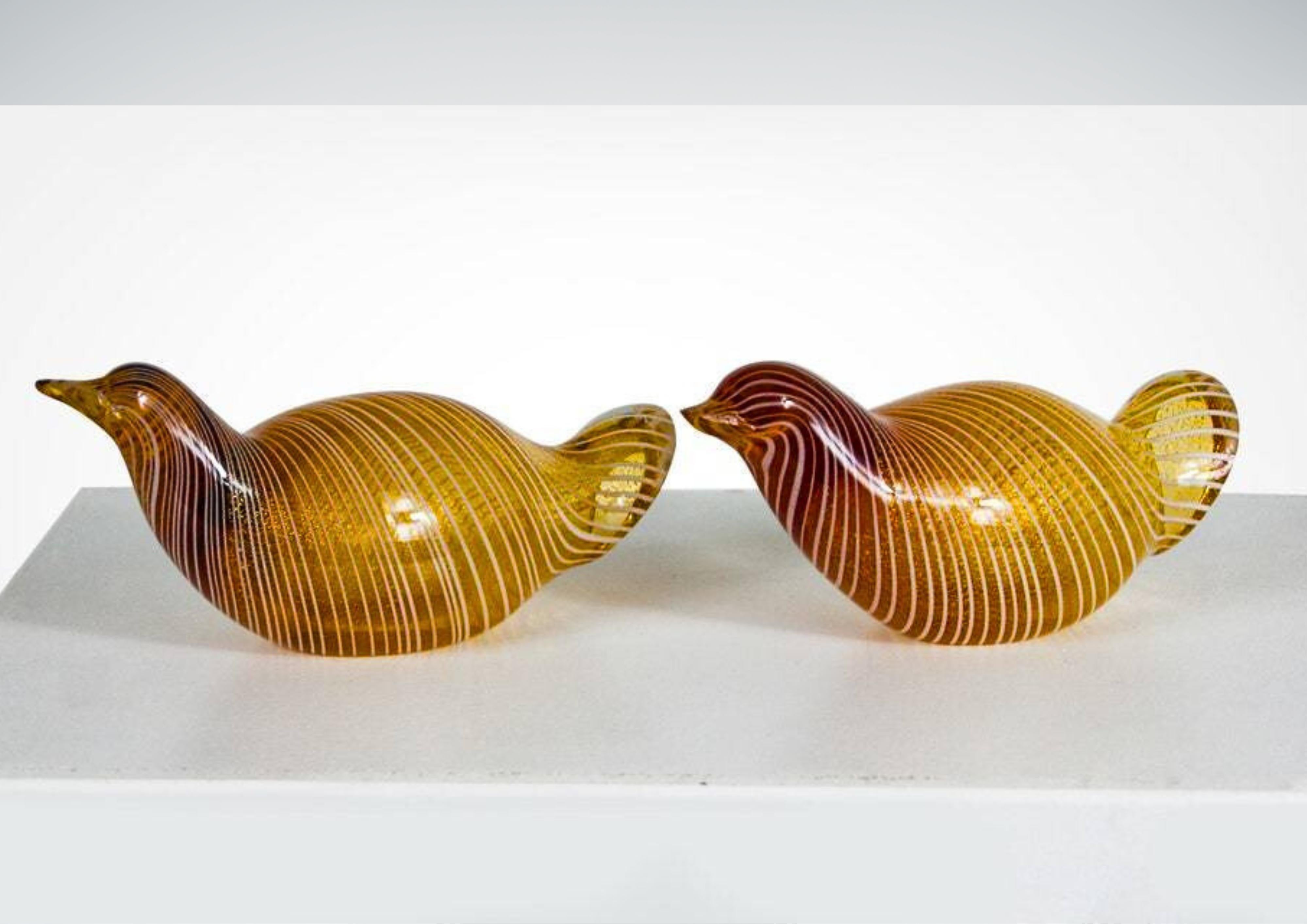 Italian Pair Of Murano Zamfirico Glass Quail Bird Sculptures Signed Licio Zanetti For Sale