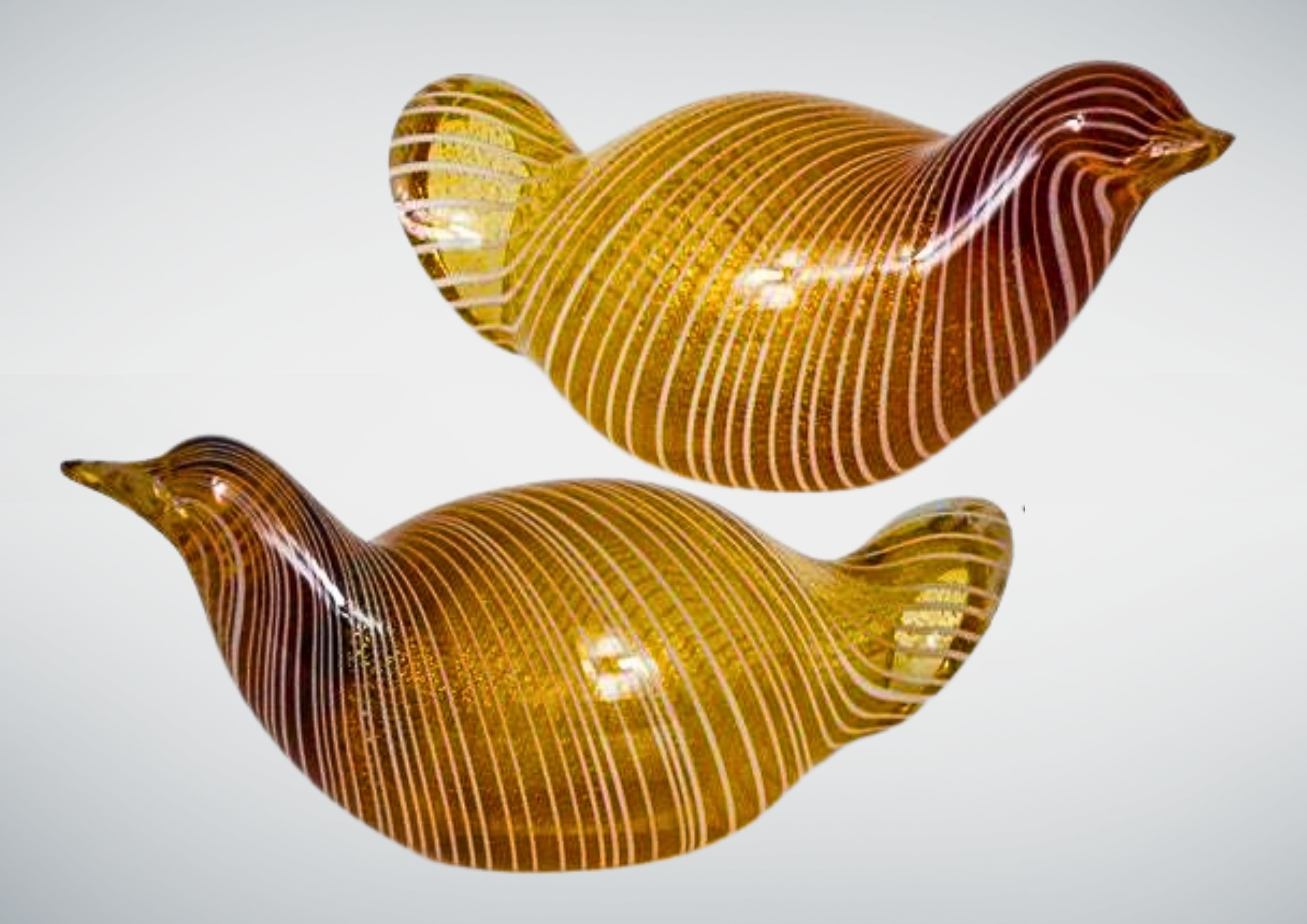 Blown Glass Pair Of Murano Zamfirico Glass Quail Bird Sculptures Signed Licio Zanetti For Sale