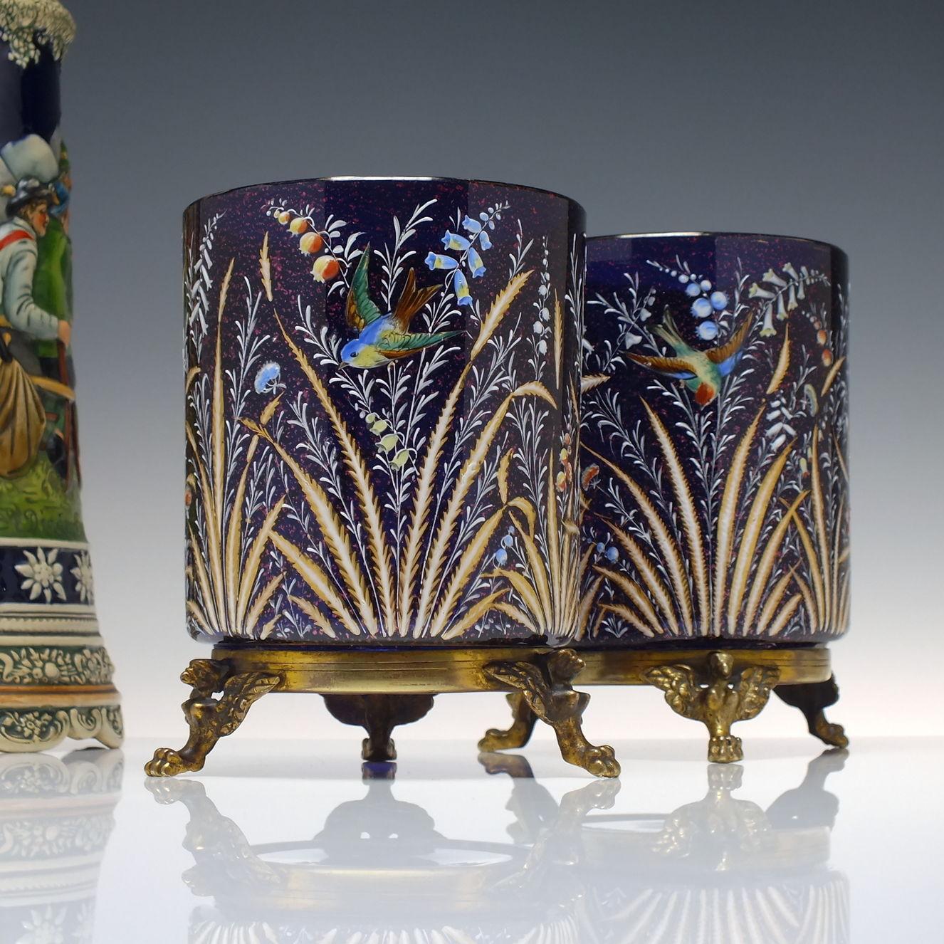 Blown Glass Pair of Museum Quality Moser Polychromatic Enamelled 19th Century Vases c1890 For Sale