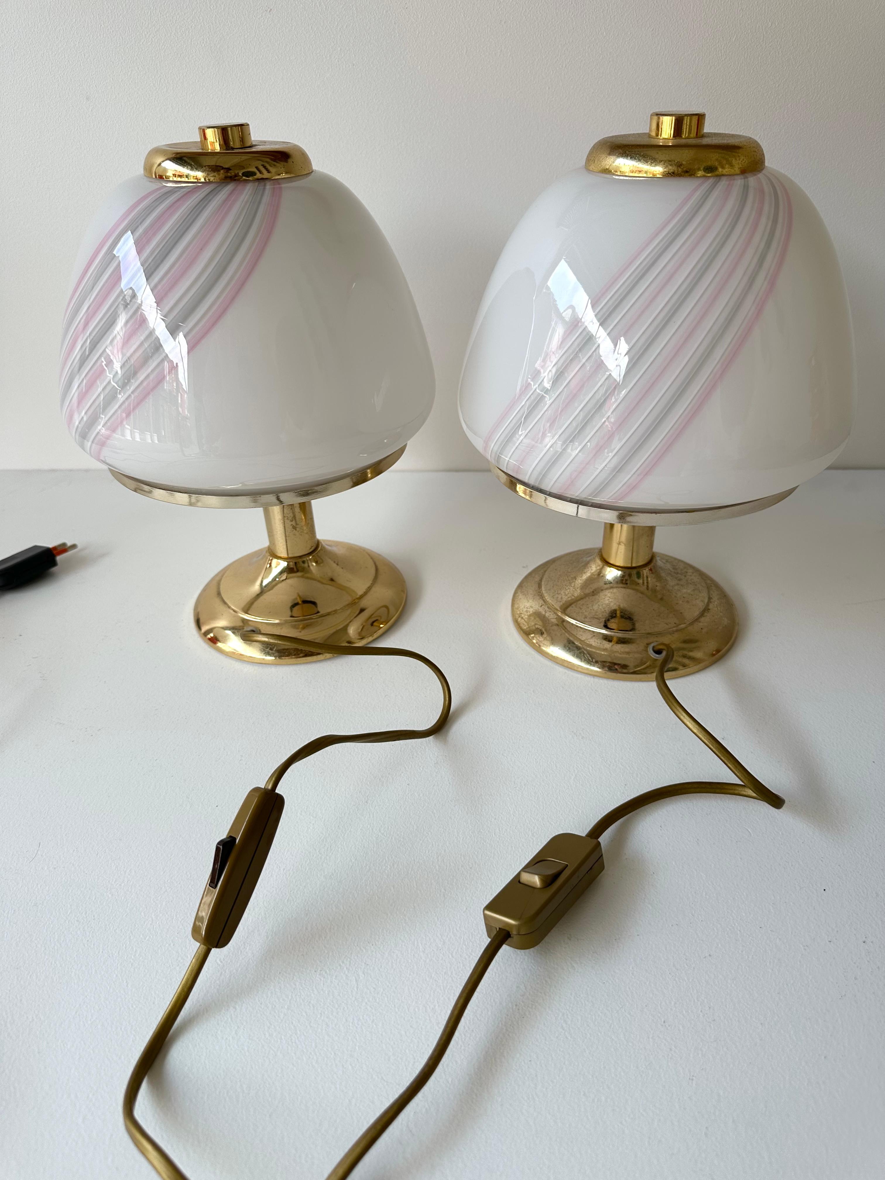 Paire de lampes champignons en laiton et verre de Murano de F. Fabbian, Italie, 1970 en vente 3
