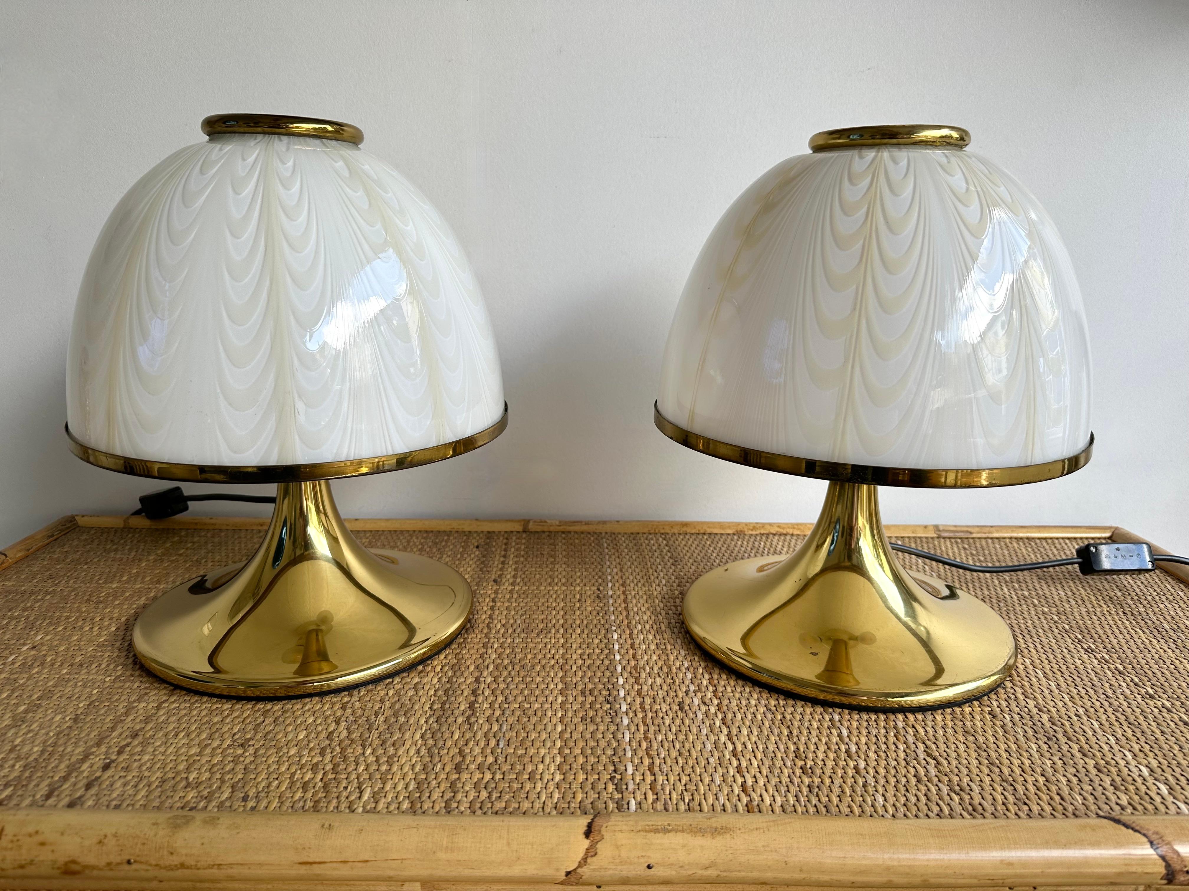 Space Age Pair of Mushroom Lamps Brass and Murano Glass by F. Fabbian, Italy, 1970s