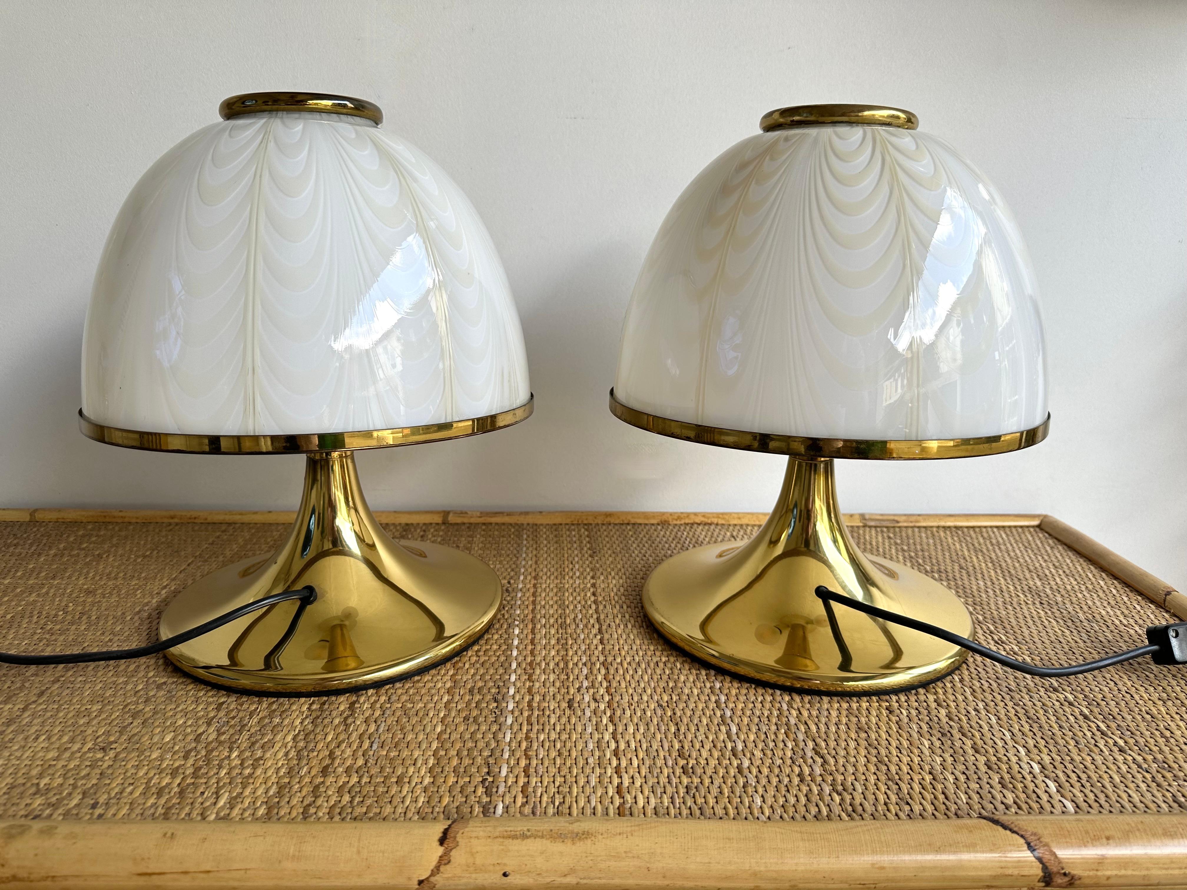 Pair of Mushroom Lamps Brass and Murano Glass by F. Fabbian, Italy, 1970s 2