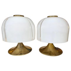 Pair of Mushroom Lamps Brass and Murano Glass by F. Fabbian, Italy, 1970s