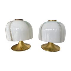 Pair of Mushroom Lamps Brass and Murano Glass by F. Fabbian, Italy, 1970s