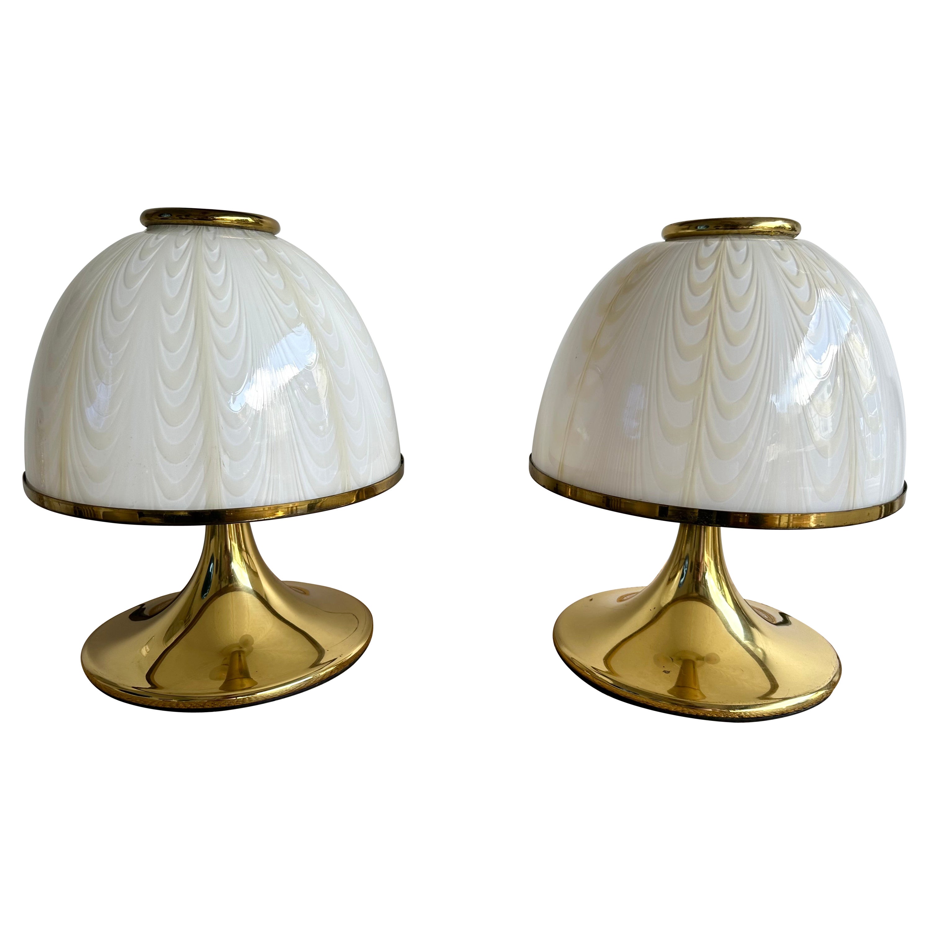 Pair of Mushroom Lamps Brass and Murano Glass by F. Fabbian, Italy, 1970s