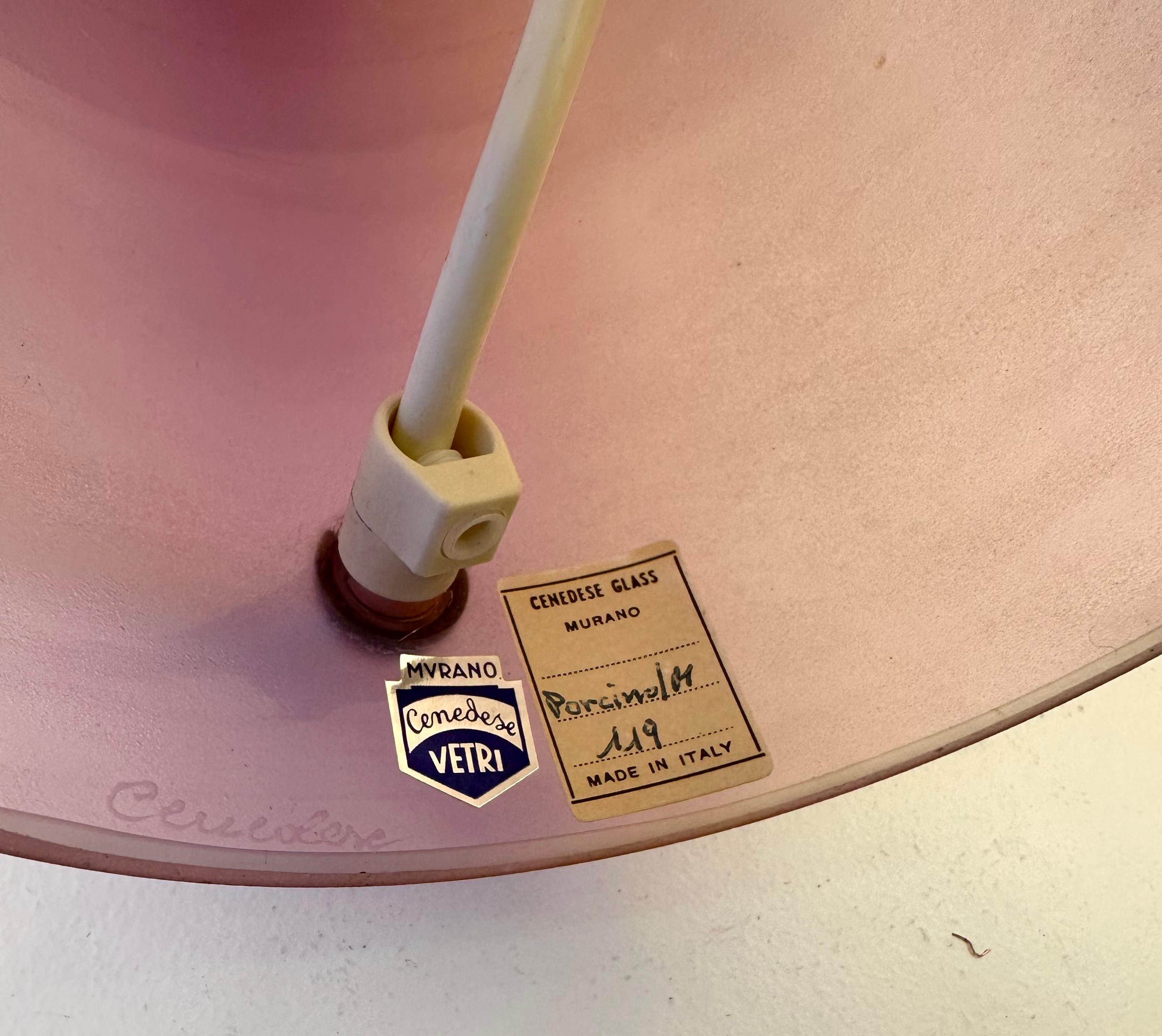 Mid-Century Modern Space Age Pair of mushroom table or bedside lamps Pink Murano glass by Cenedese, the lamps are signed engraved and original stamp from the italian design manufacture. Famous design like Carlo Aldo Nason for Mazzega, Venini,