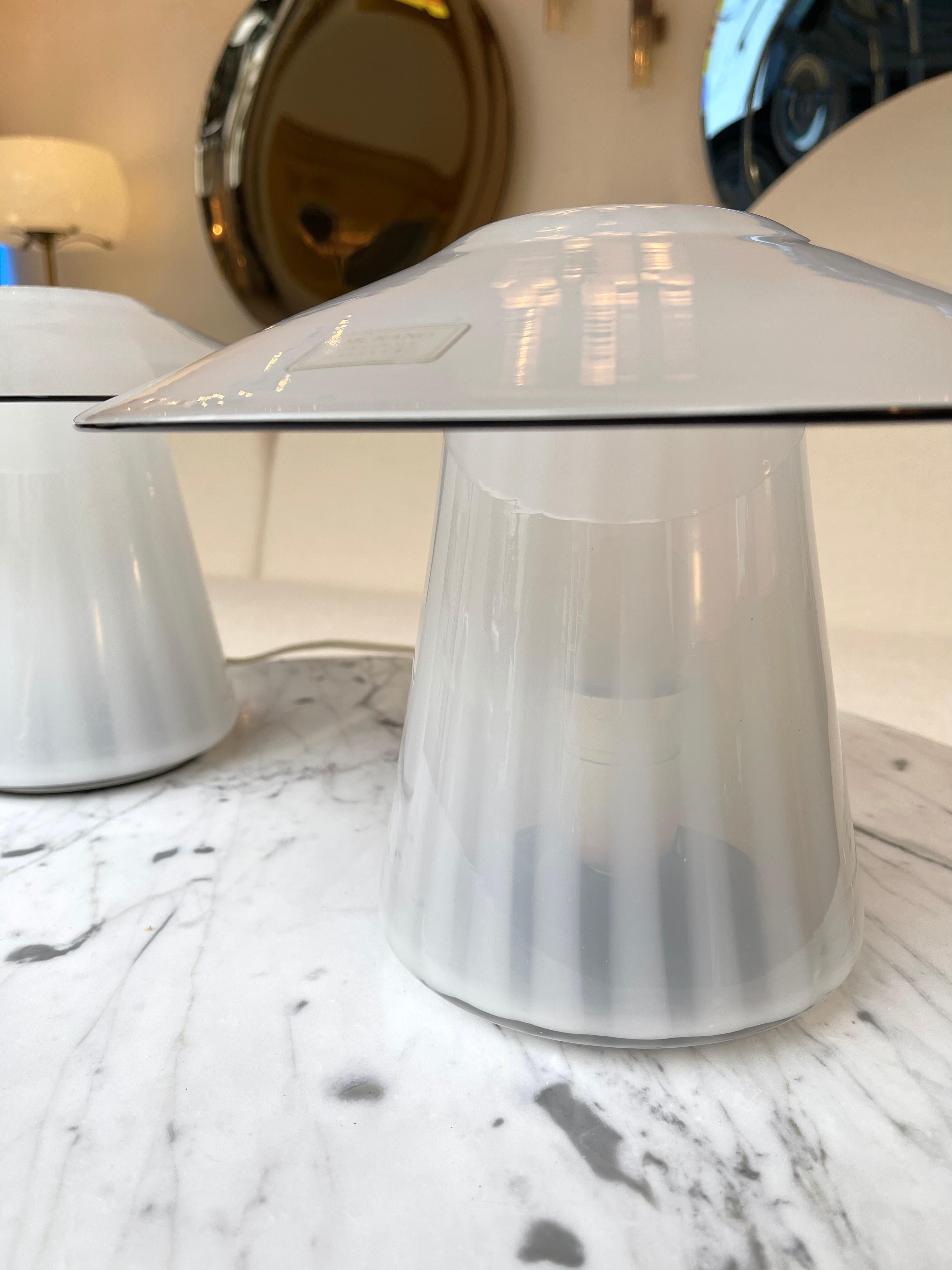 Pair of table or bedside mushroom lamps in blown Murano glass. Artisanal work slight measurements differences between lamps. In the mood of Carlo Aldo Nason for Mazzega, Venini, Vistosi, Toni Zuccheri, Poliarte.