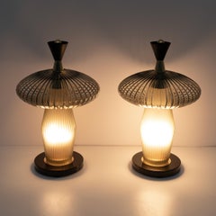 Pair of Mushroom-shaped Table Lamps Murano Glass and Brass Feng Shui Style