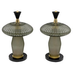 Pareja de Lámparas de Mesa en forma de Seta de Cristal de Murano y Latón Estilo Feng Shui