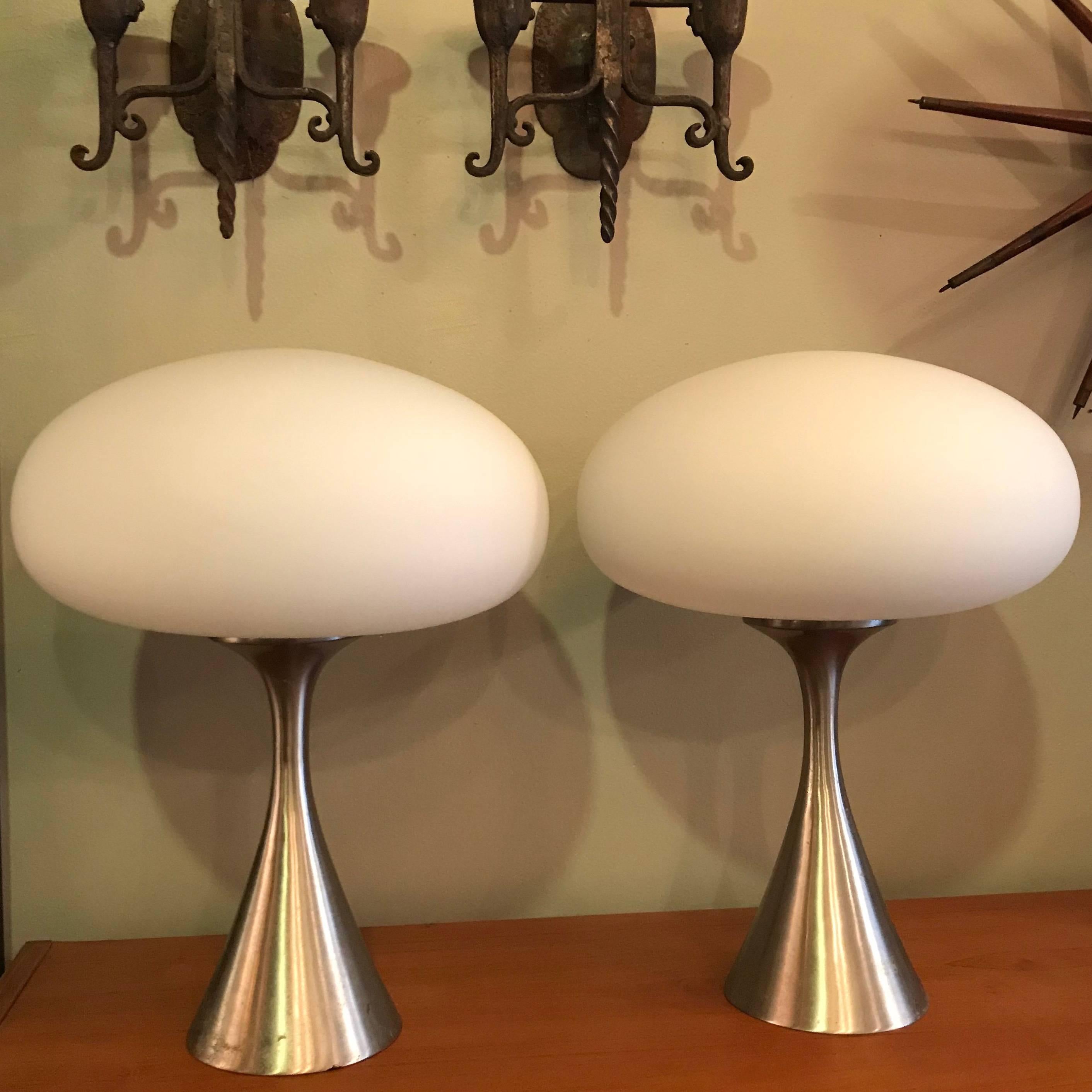 Pair of Mid-Century Modern, mushroom lamps by Bill Curry for Laurel feature frosted white shades and brushed chrome bases. Another pair is available with polished chrome bases.