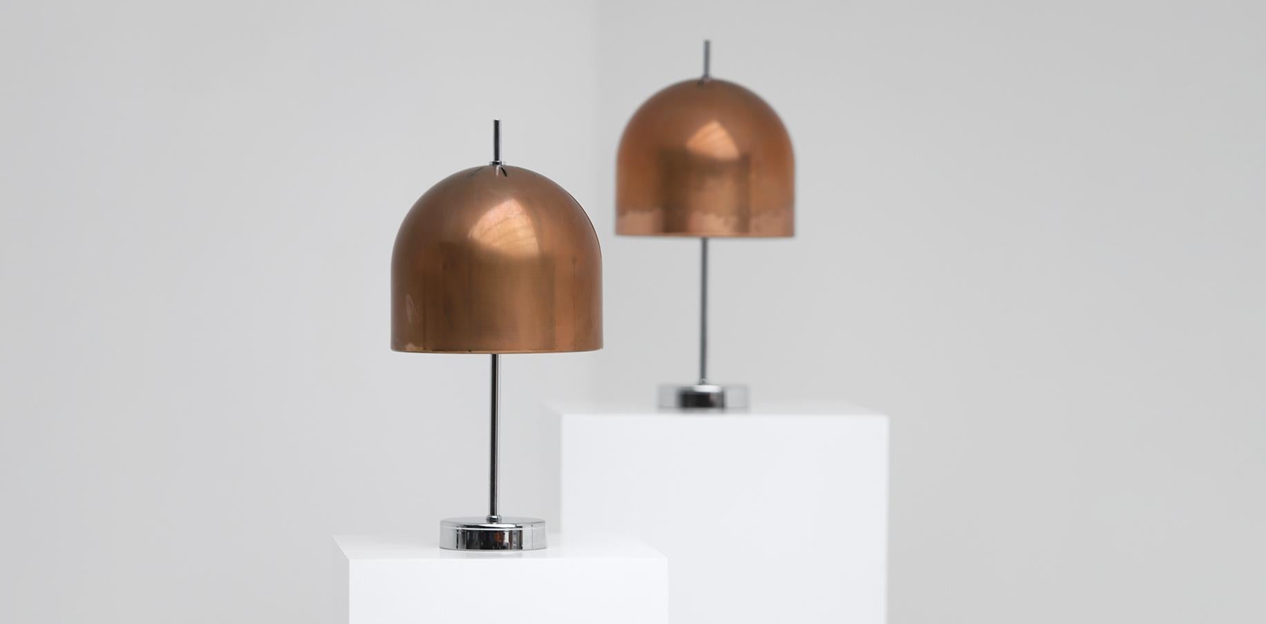Pair of mushroom table lamps in copper and chrome 1970s For Sale 4