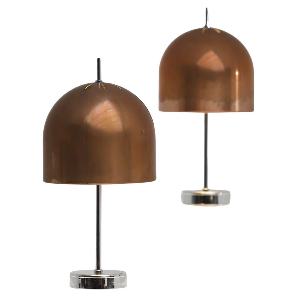 Pair of mushroom table lamps in copper and chrome 1970s For Sale
